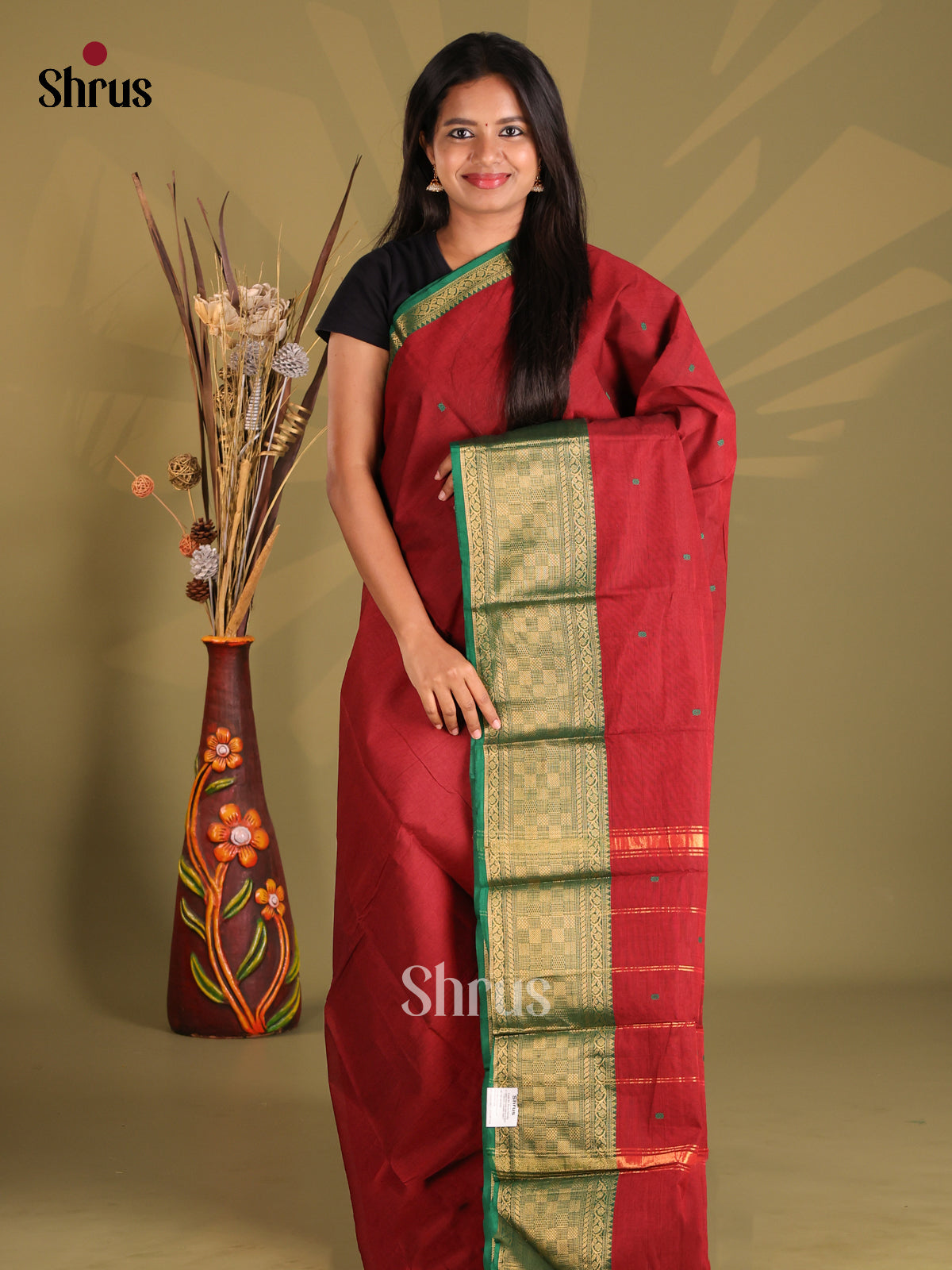 Maroon & Green - Chettinad Cotton Saree - Shop on Shrus.com