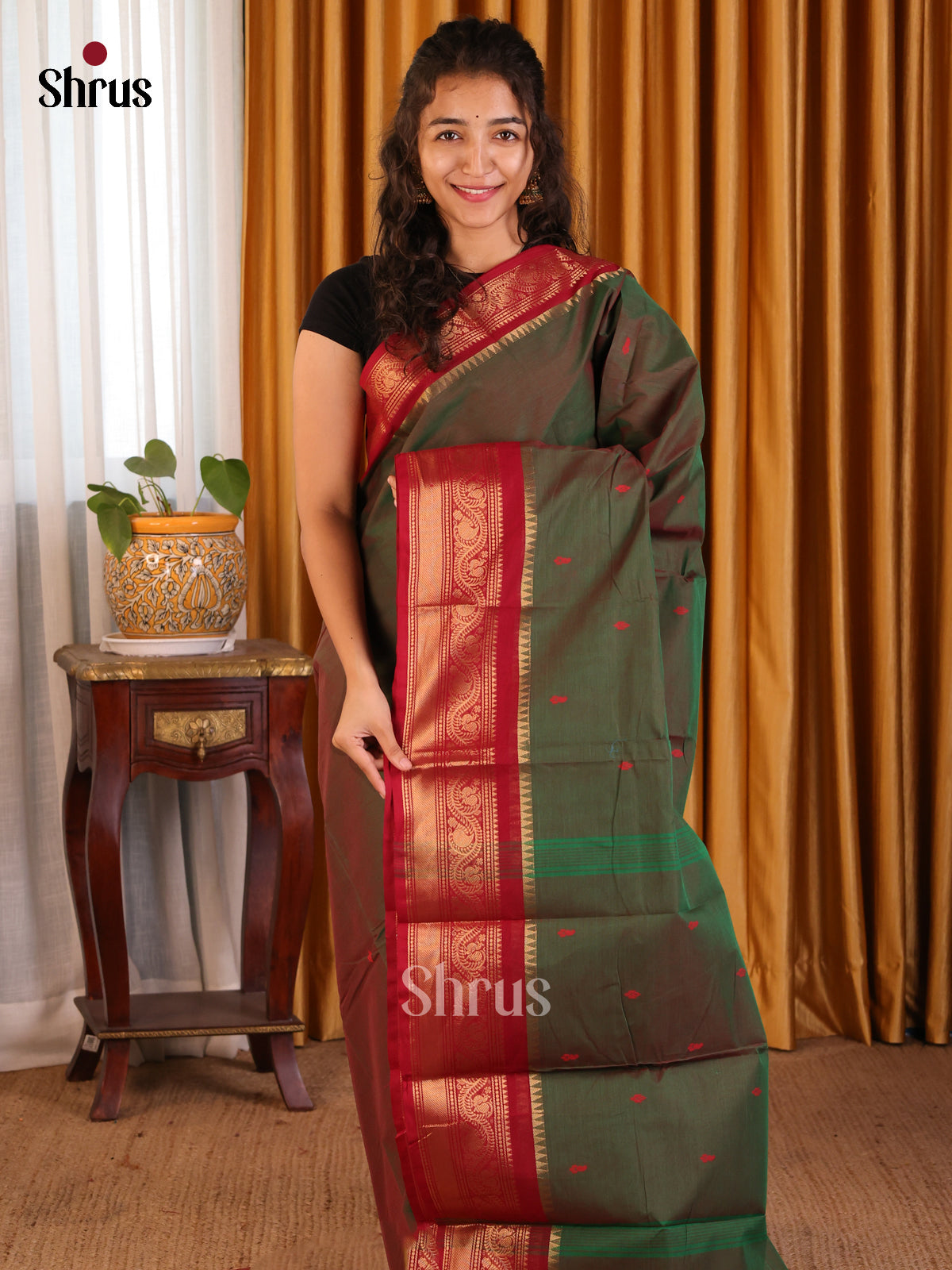 Green Handloom Chettinad Cotton Saree with Thread Buttas & Red Zari Woven Border - Shop on Shrus.com
