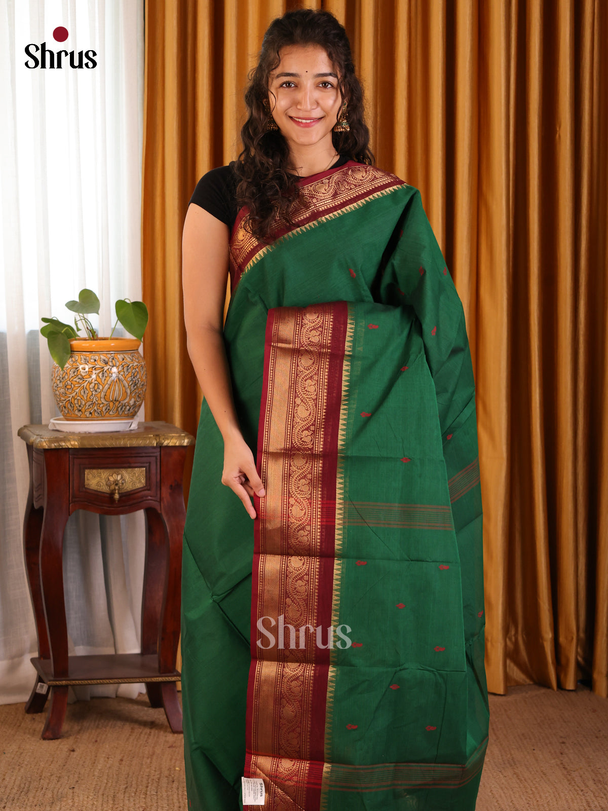 Pretty Green Chettinad Cotton Saree with Buttas & Maroon Zari Woven Border - Shop on Shrus.com