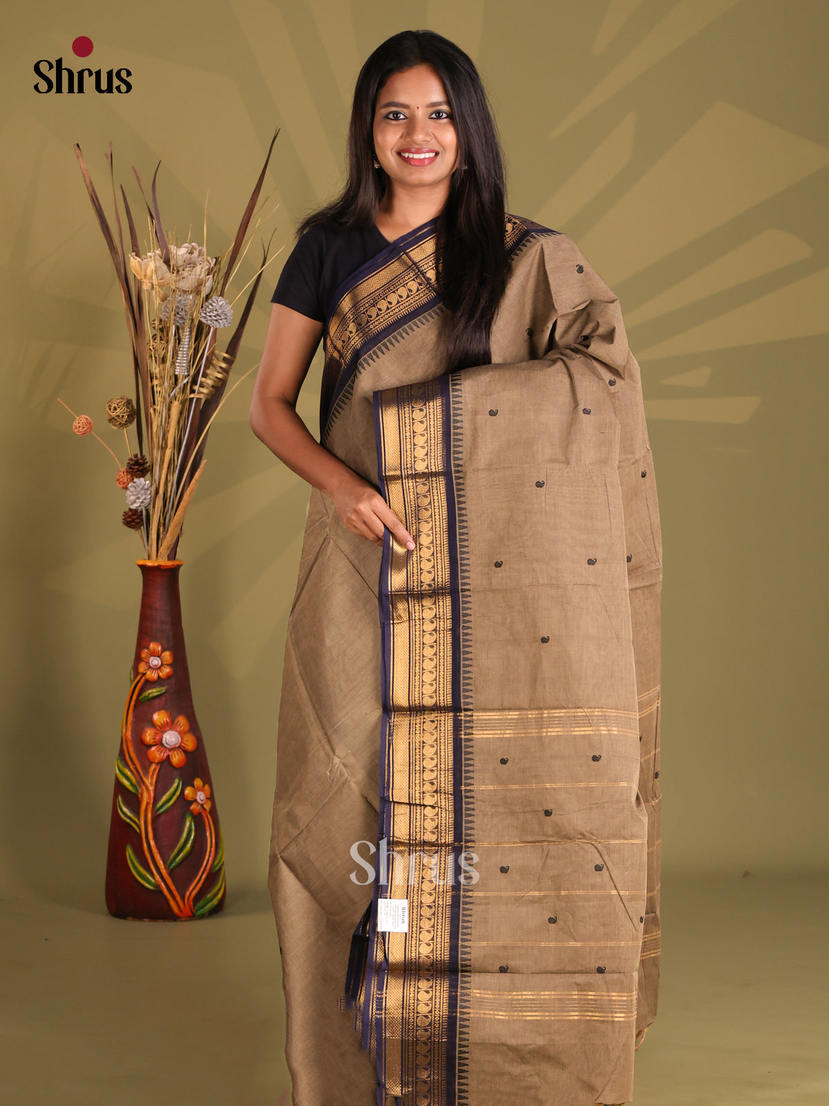 Grey & Blue- Chettinad Cotton Saree - Shop on Shrus.com
