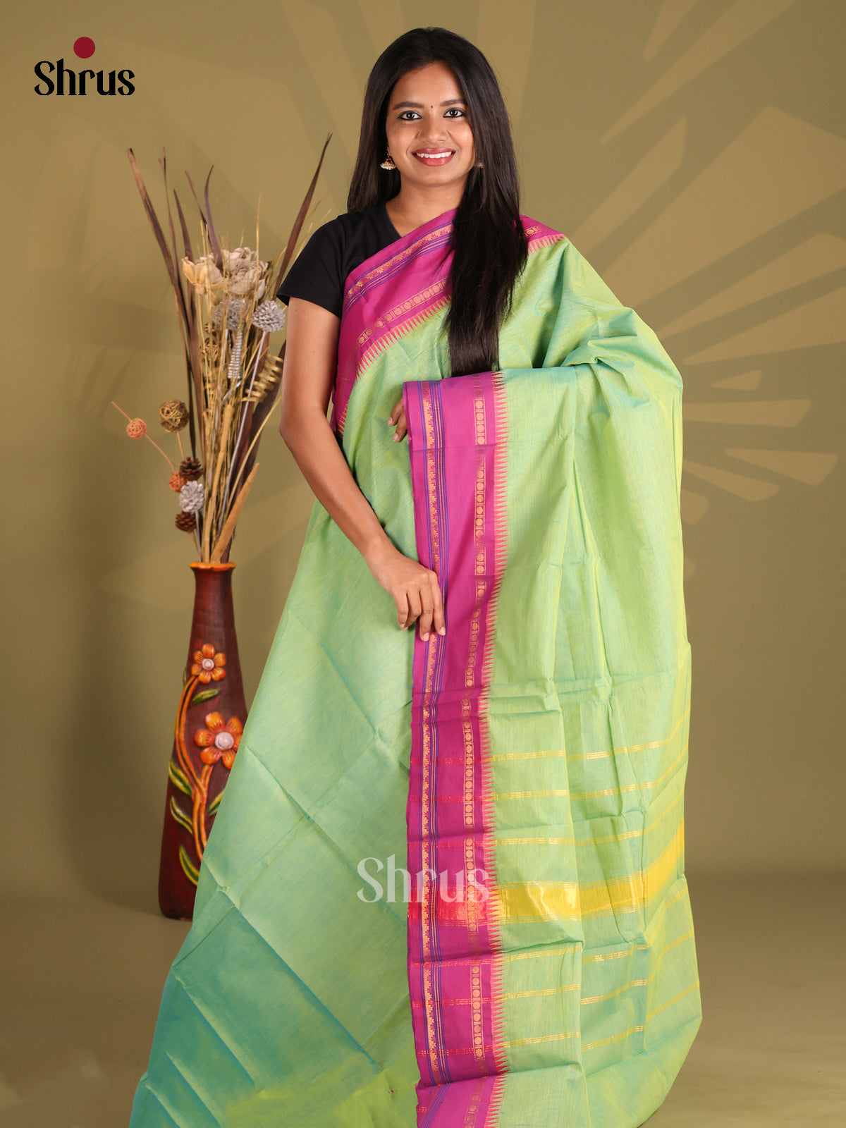 Pastel Gree & Purple - Chettinad Cotton Saree - Shop on Shrus.com