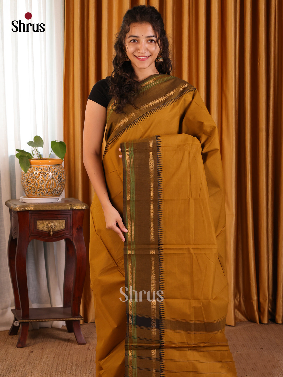 Dark Mustard & Brown- Chettinad Cotton Saree - Shop on Shrus.com