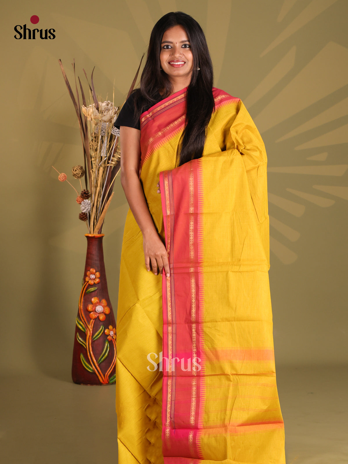 Mustard & Orangish Pink- Chettinad Cotton Saree - Shop on Shrus.com