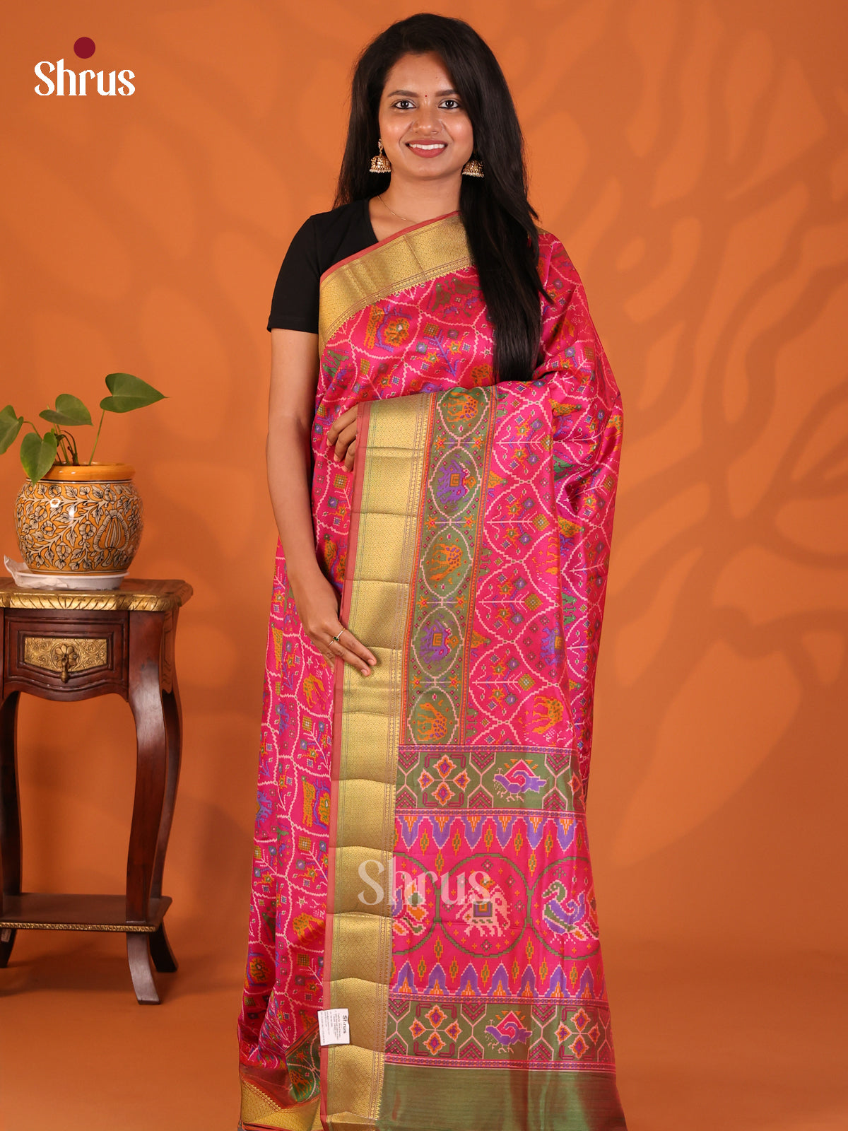 Pink & Green - Semi Patola Saree - Shop on Shrus.com