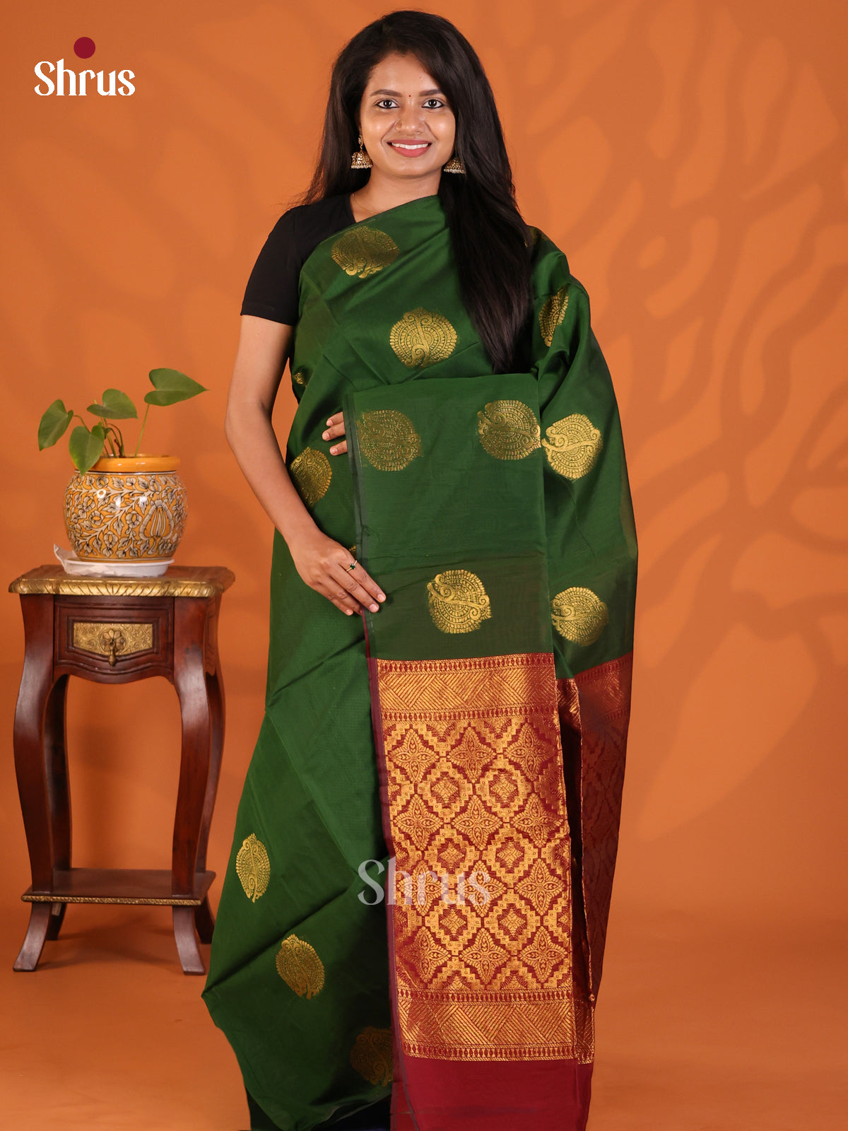 Green with Maroon - Semi Silkcotton Saree - Shop on Shrus.com