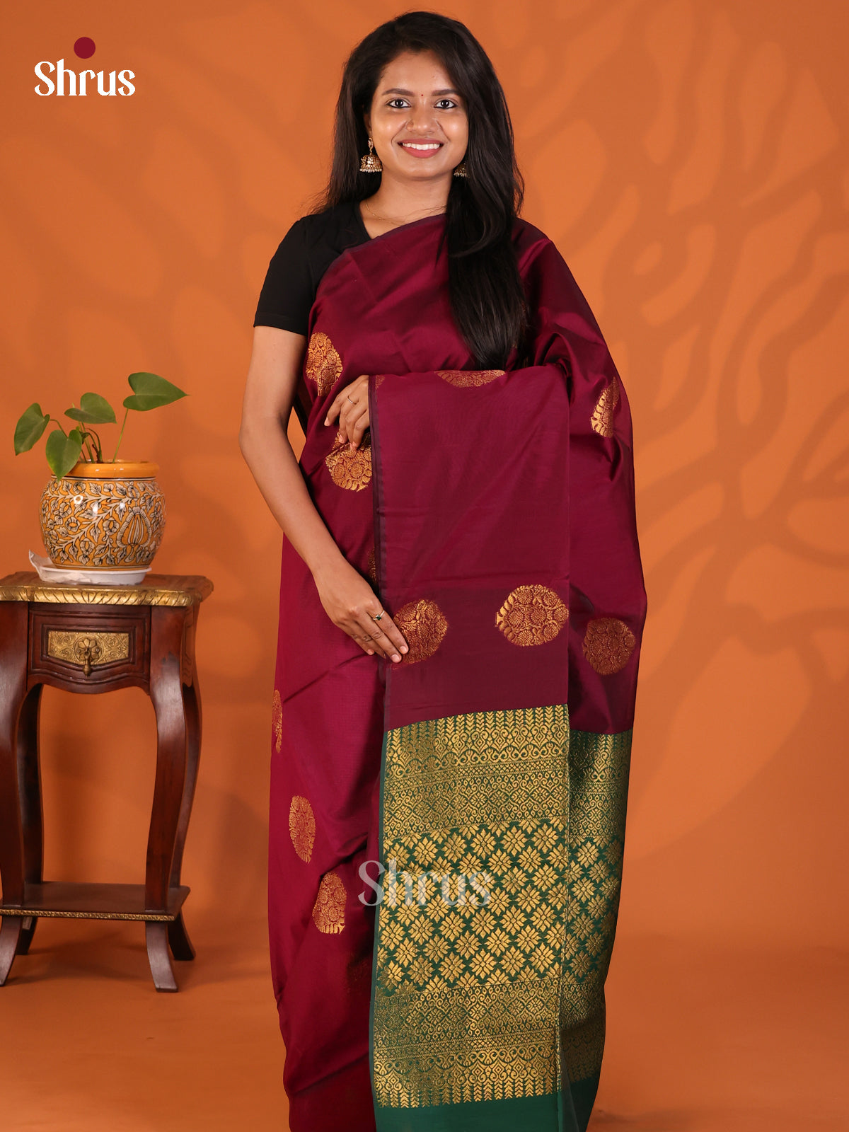 Maroon with Green- Semi Silkcotton Saree - Shop on Shrus.com