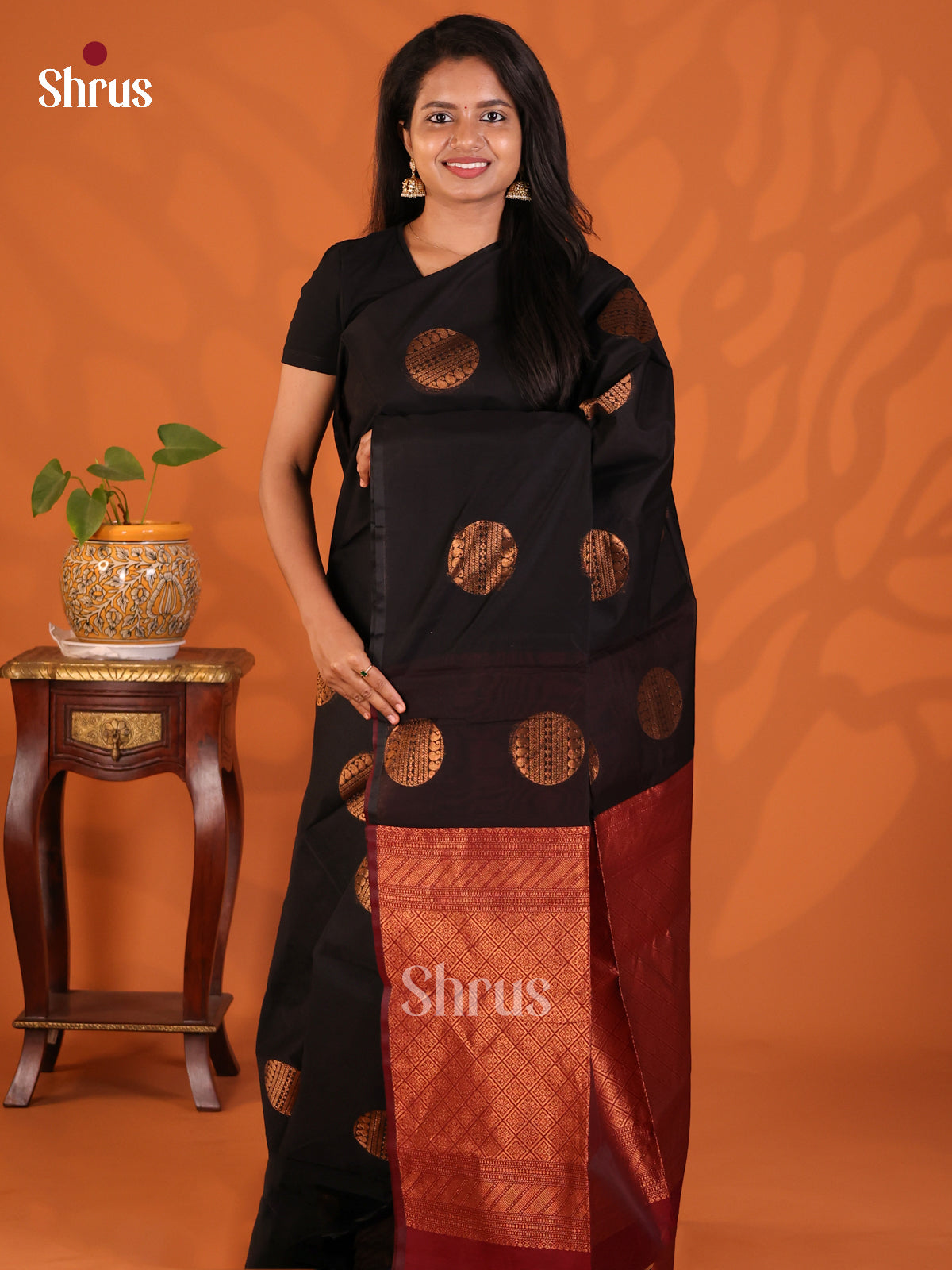 Black with Maroon - Semi Silkcotton Saree - Shop on Shrus.com