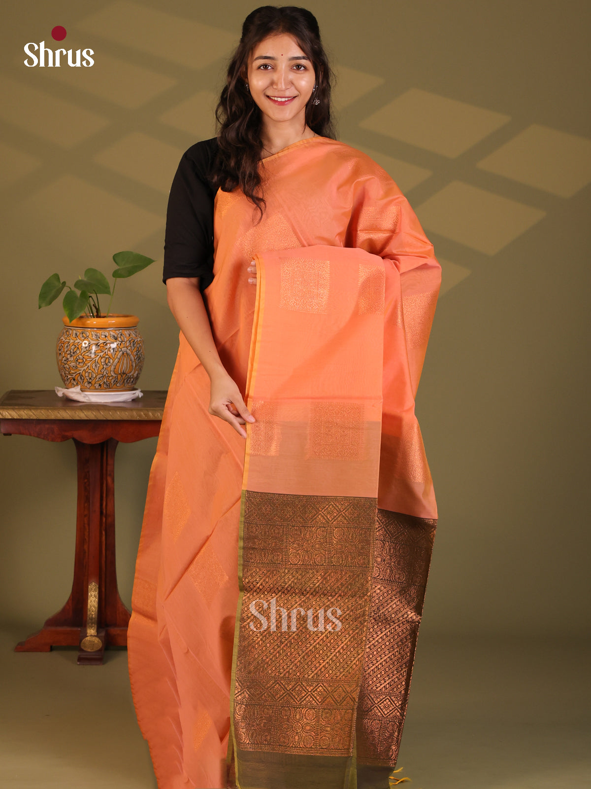 Orange with Green - Semi Silkcotton Saree - Shop on Shrus.com
