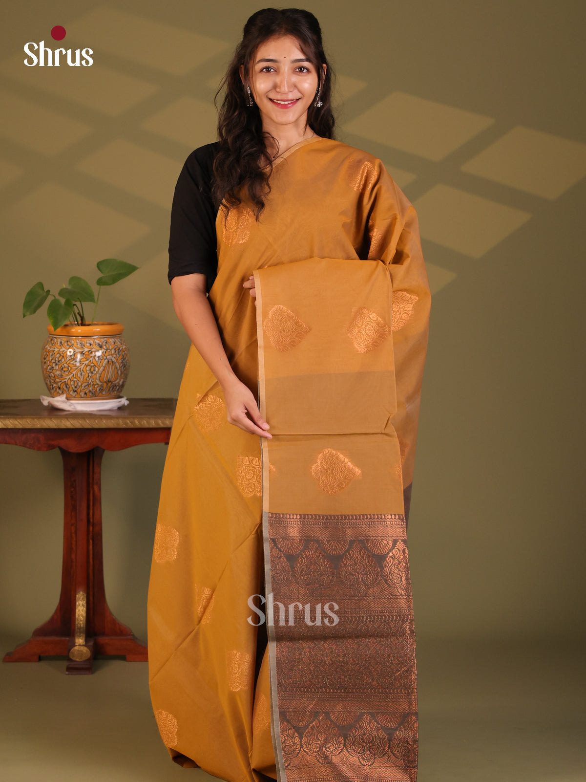 Mustard with grey - Semi Silkcotton Saree - Shop on Shrus.com