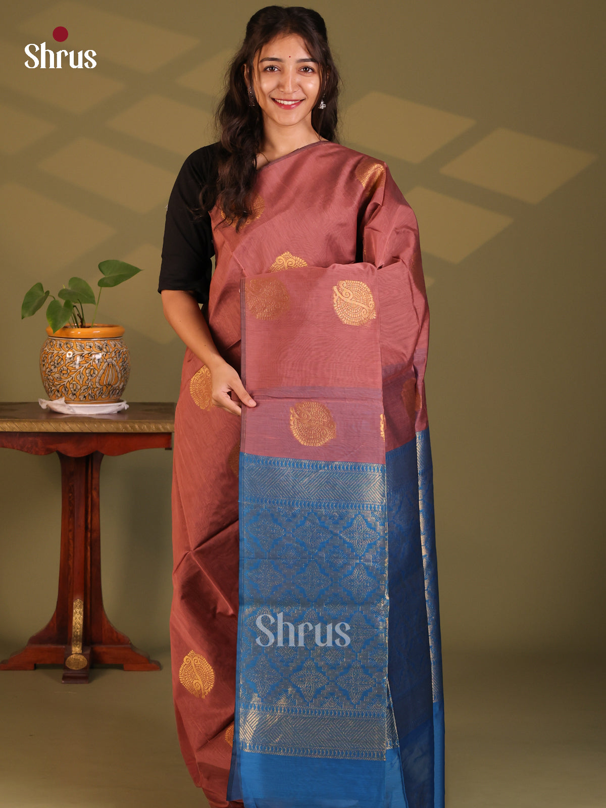 Onion peel with Blue- Semi Silkcotton Saree - Shop on Shrus.com