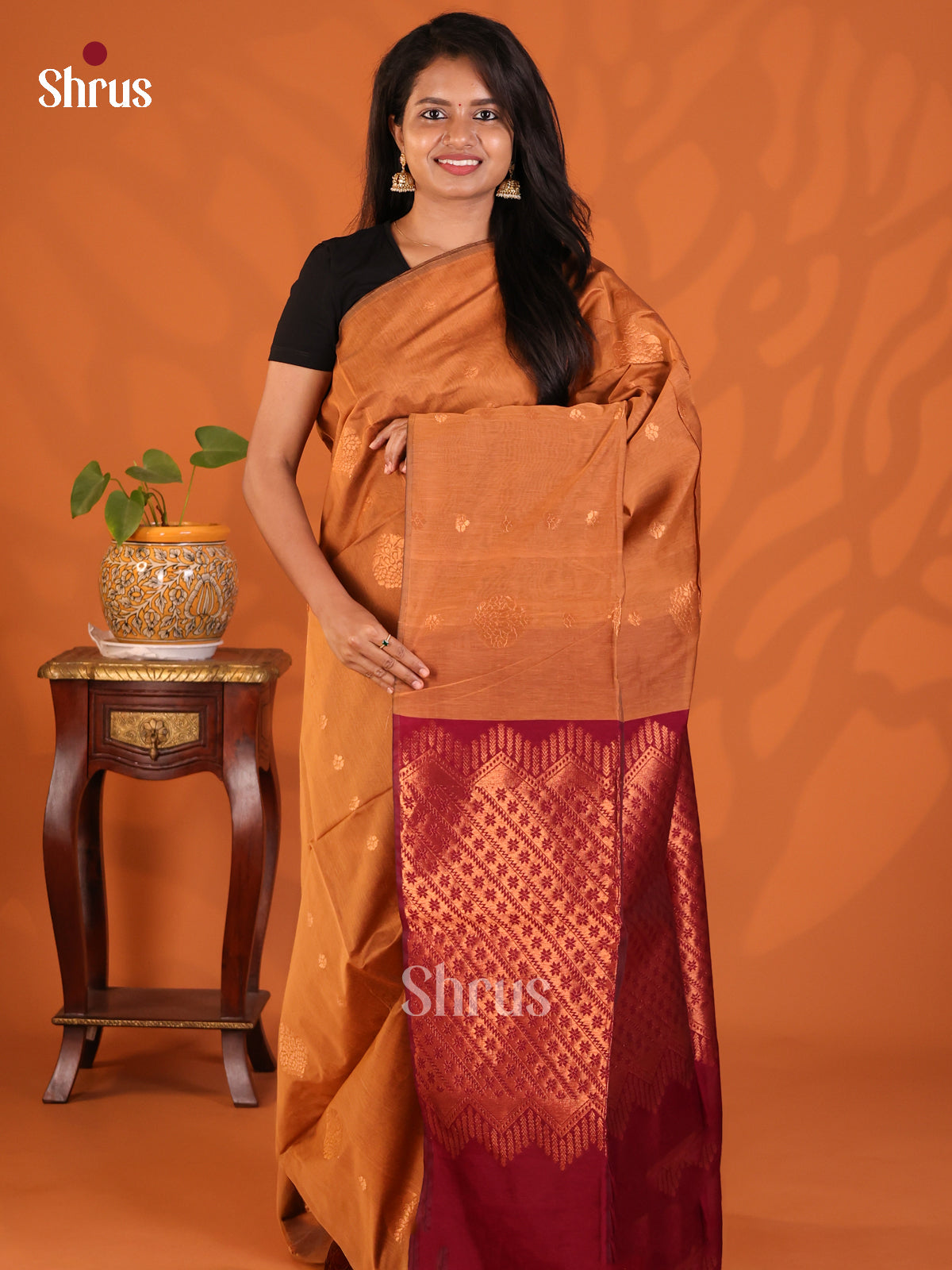 Brown with Maroon - Semi Silkcotton Saree - Shop on Shrus.com