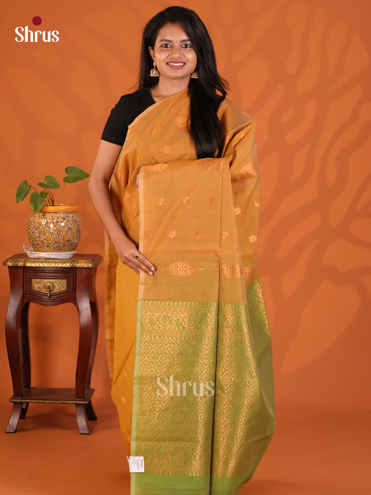 Mustard & Green - Semi Silkcotton Saree - Shop on Shrus.com