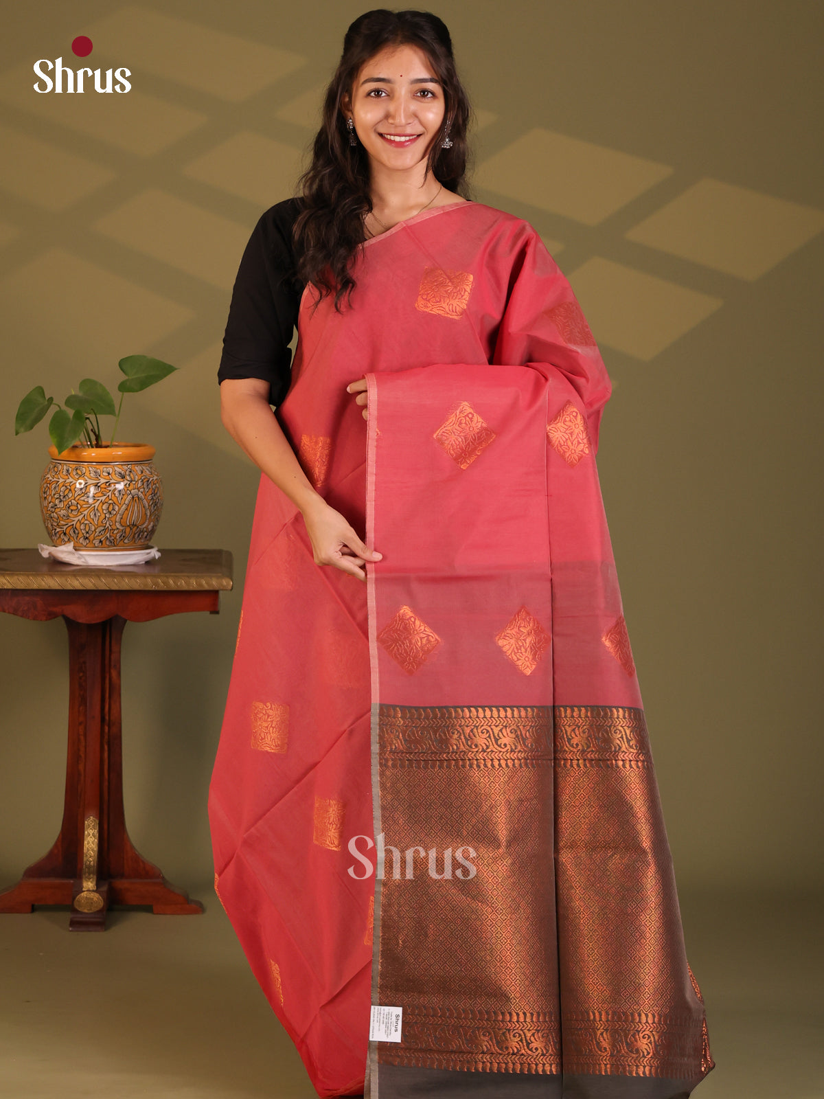 Red with Brown - Semi Silkcotton Saree - Shop on Shrus.com