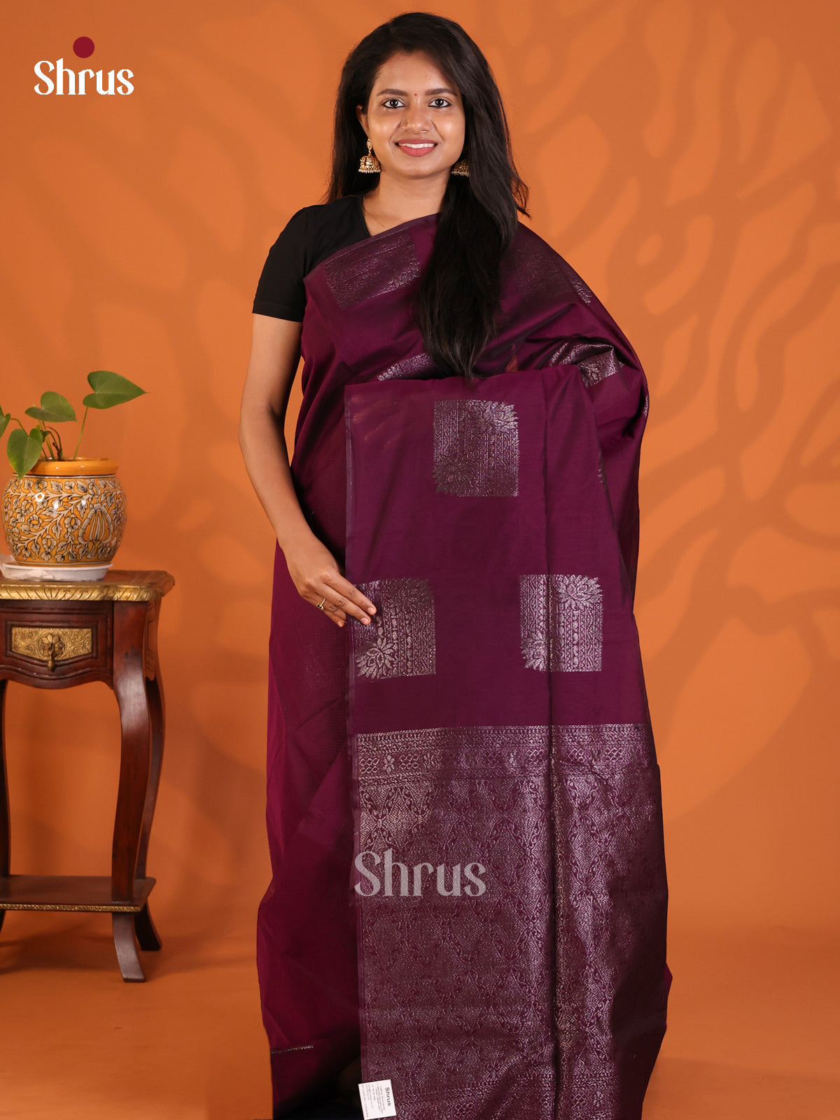 Wine - Semi Silkcotton Saree - Shop on Shrus.com