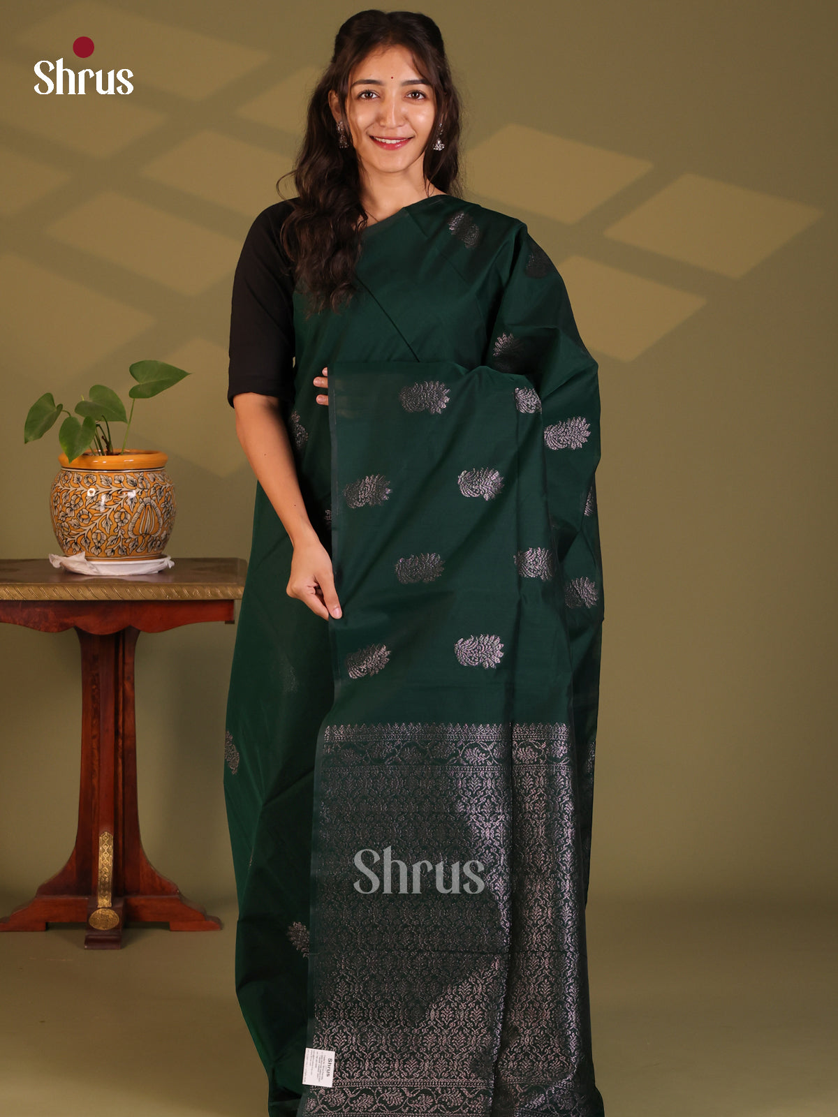 Dark Green - Semi Silkcotton Saree - Shop on Shrus.com