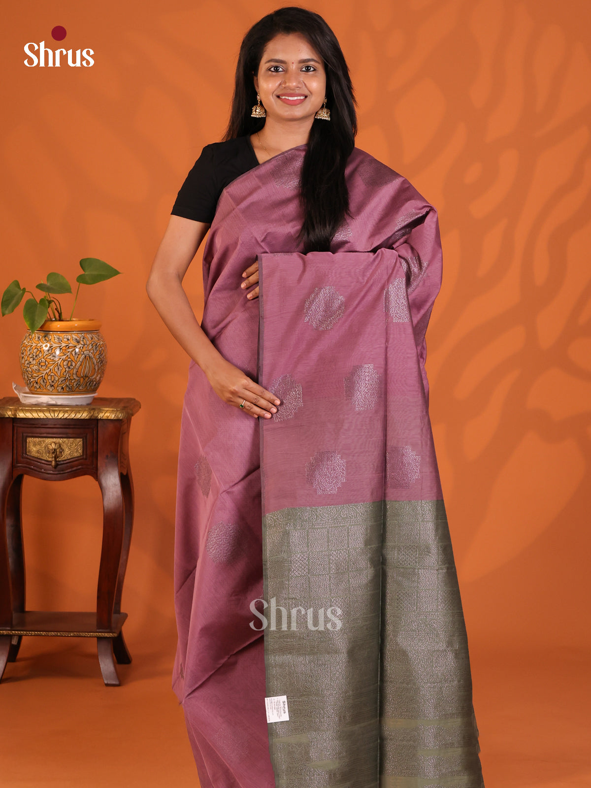 Onion Pink & Grey Green - Semi Silkcotton Saree - Shop on Shrus.com