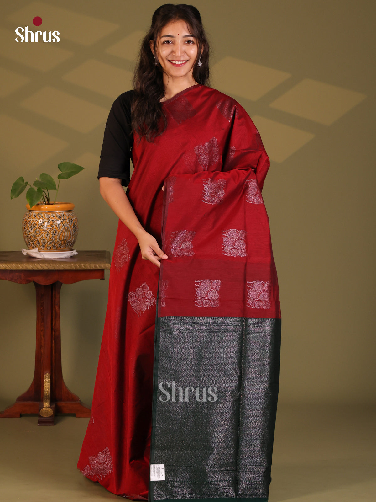Maroon with Green- Semi Silkcotton Saree - Shop on Shrus.com