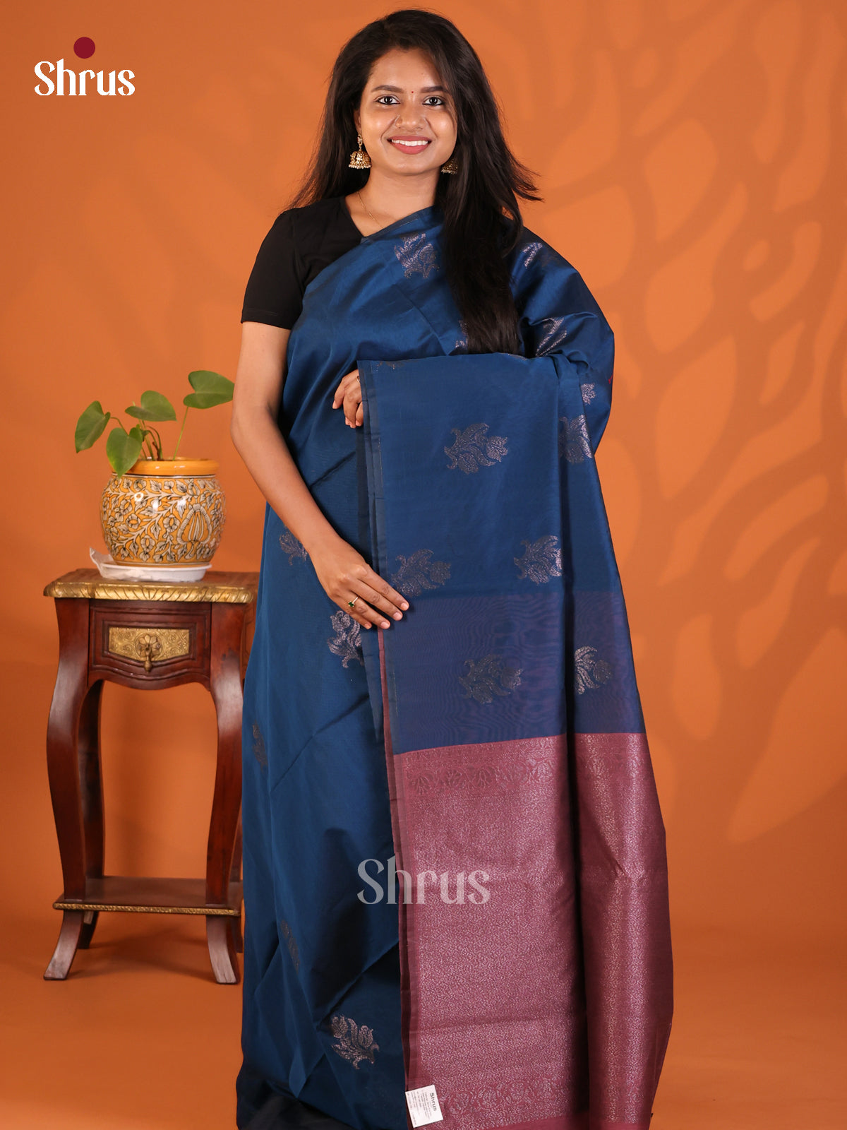 Blue with Maroon - Semi Silkcotton Saree - Shop on Shrus.com