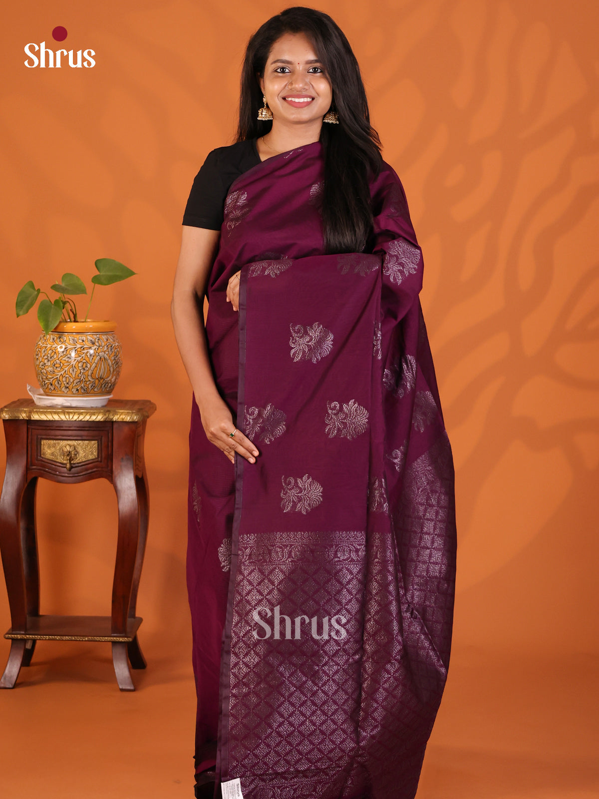 Wine - Semi Silkcotton Saree - Shop on Shrus.com