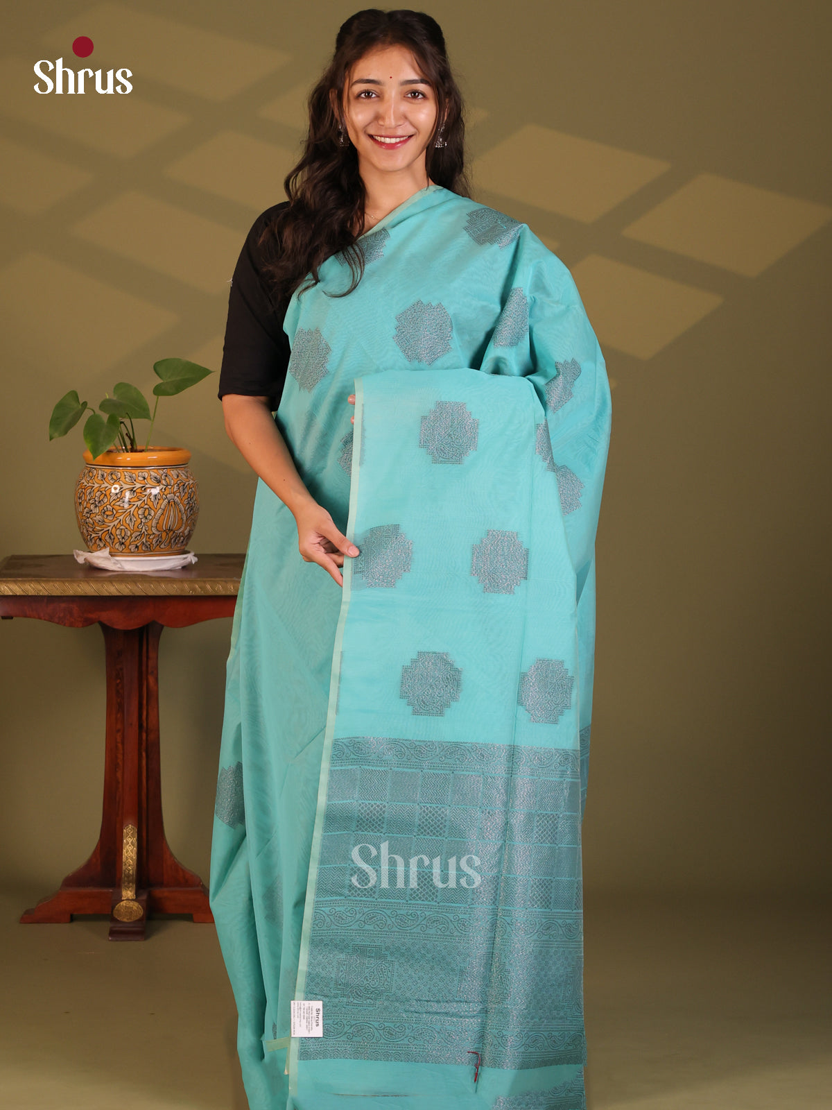 Pastel Blue - Semi Silkcotton Saree - Shop on Shrus.com