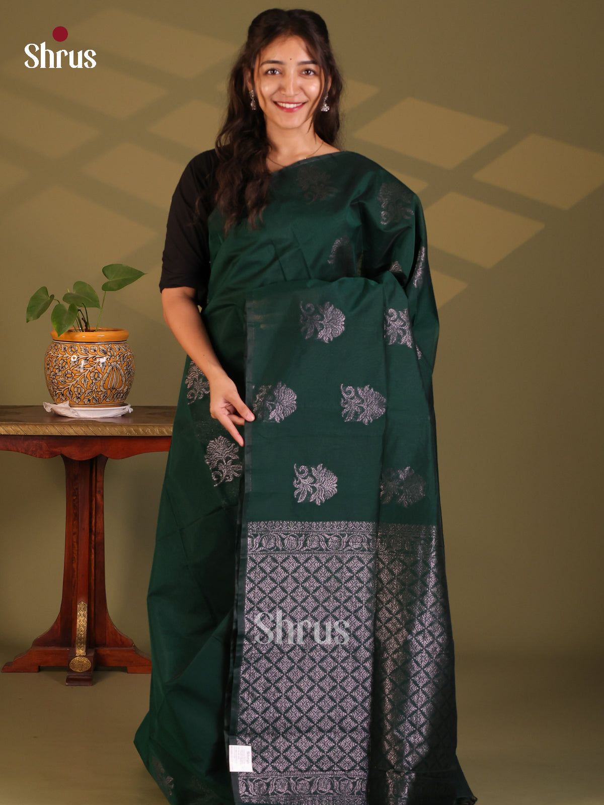 Dark Green - Semi Silkcotton Saree - Shop on Shrus.com