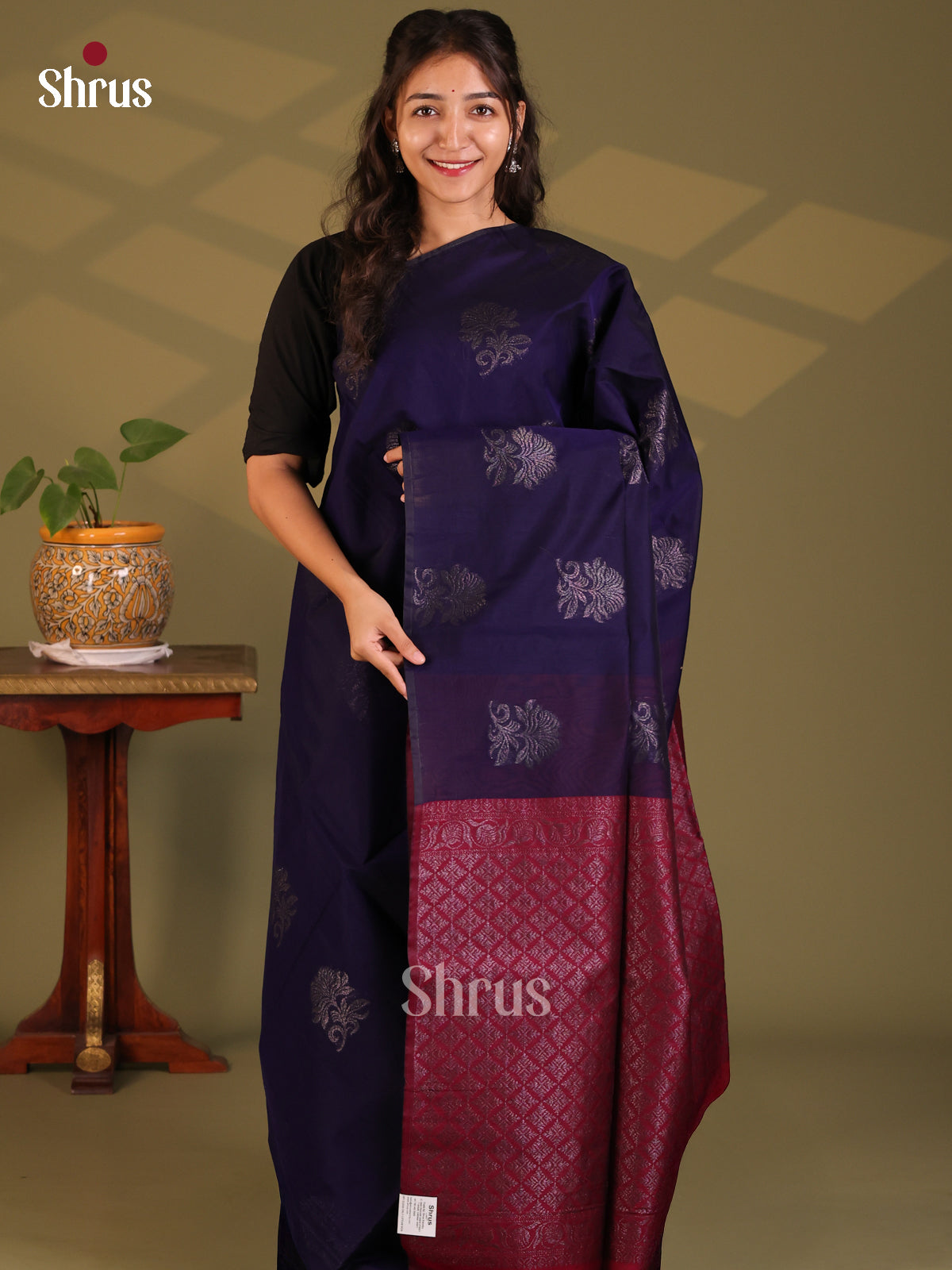 Blue with Maroon- Semi Silkcotton Saree - Shop on Shrus.com