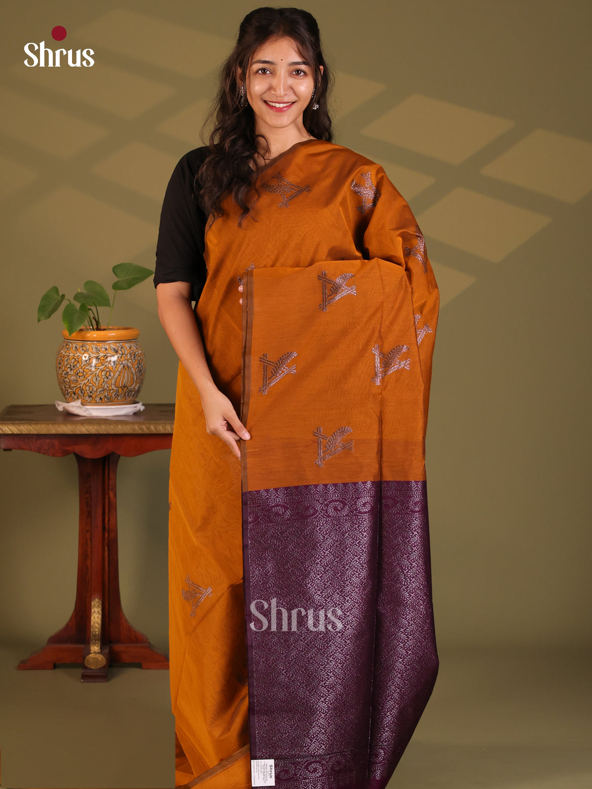 Dark Mustard & Purple- Semi Silkcotton Saree - Shop on Shrus.com