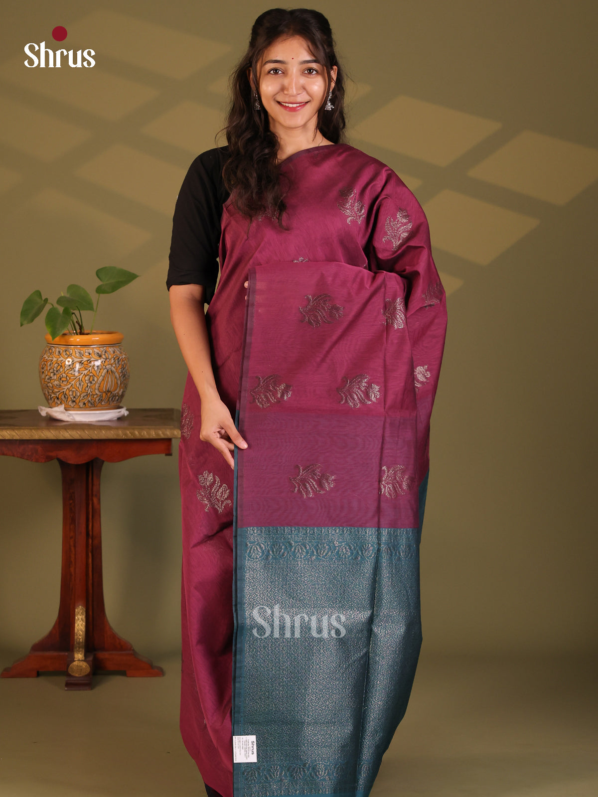 Wine with Peacock Green- Semi Silkcotton Saree - Shop on Shrus.com