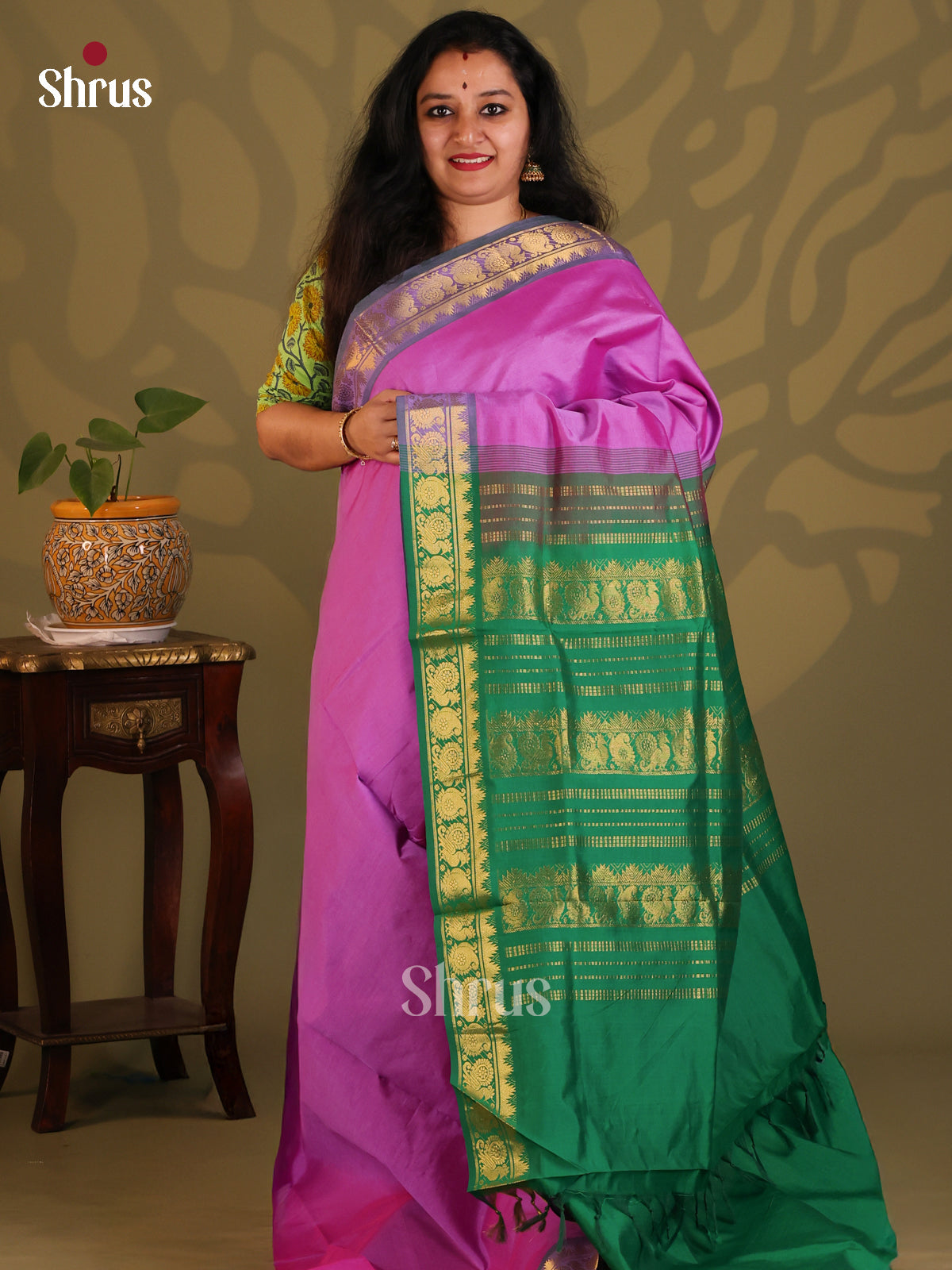 Purple with Green - Silkcotton-halfpure Saree - Shop on Shrus.com