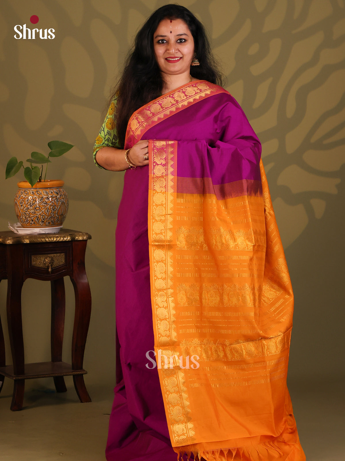 Purple with Brick- Silkcotton-halfpure Saree - Shop on Shrus.com