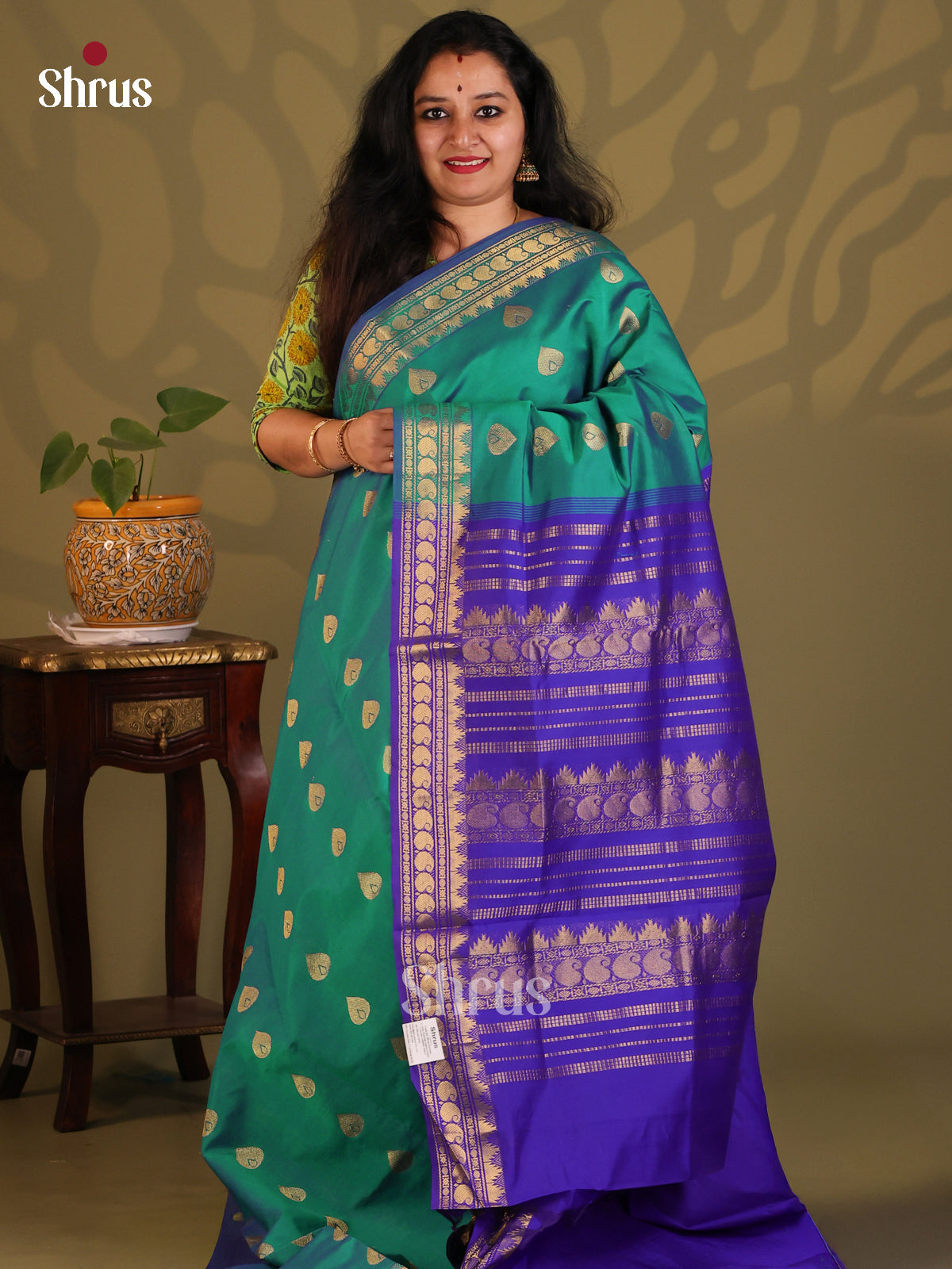 Green with Blue- Silkcotton-halfpure Saree - Shop on Shrus.com