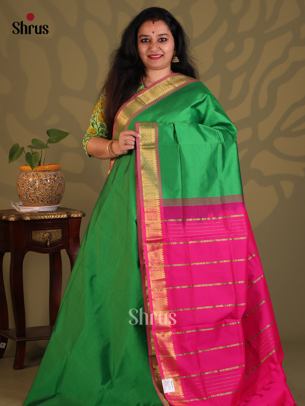 Green with Pink- Silkcotton-halfpure Saree - Shop on Shrus.com