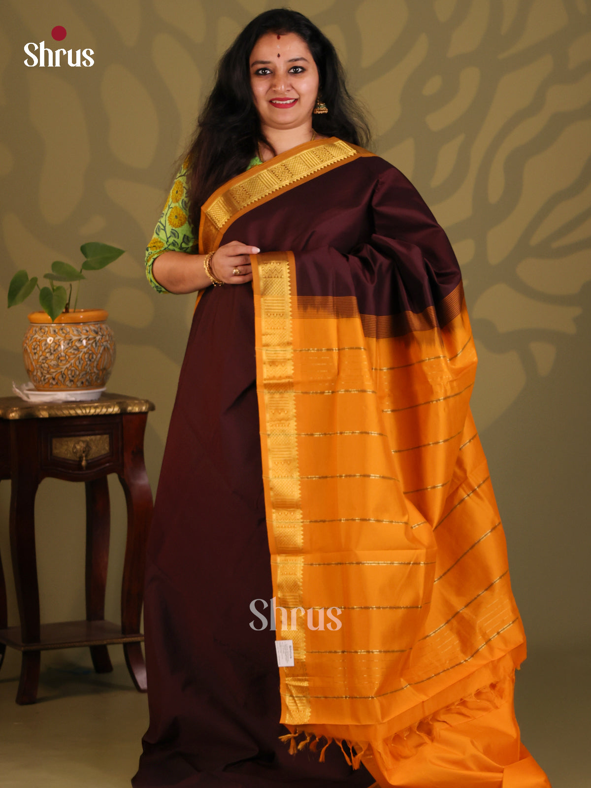 Brown with Brick- Silkcotton-halfpure Saree - Shop on Shrus.com