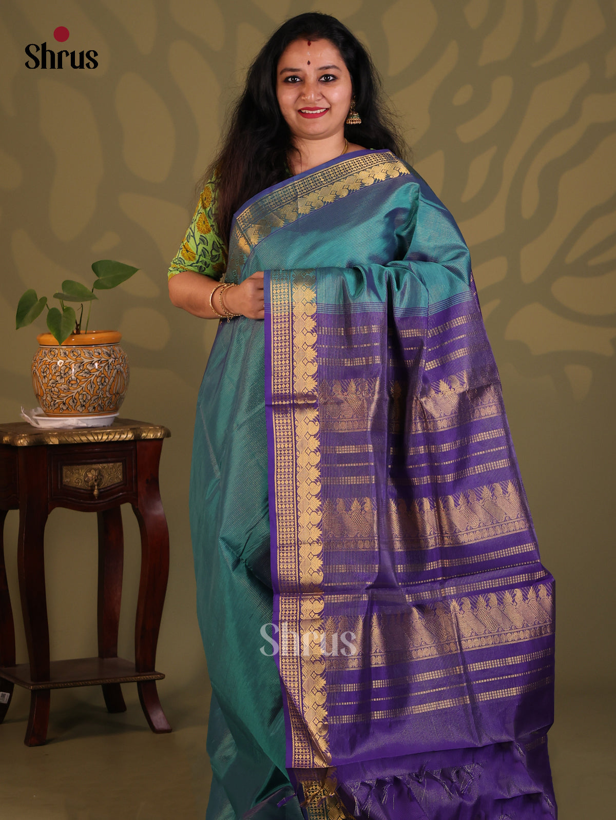 Teal Blue with Blue - Silkcotton-halfpure Saree - Shop on Shrus.com