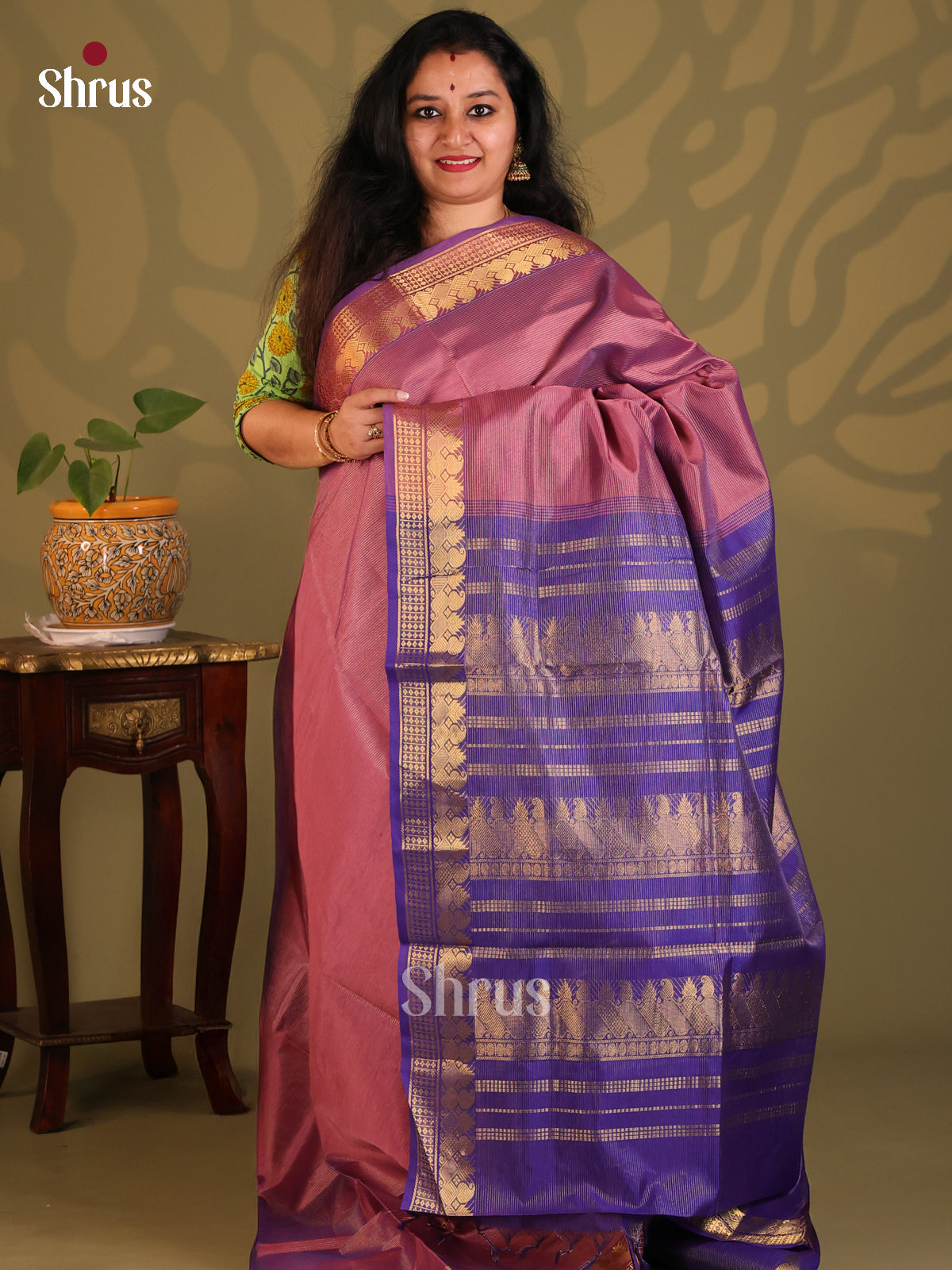 Onion Peel & Blue- Silkcotton-halfpure Saree - Shop on Shrus.com