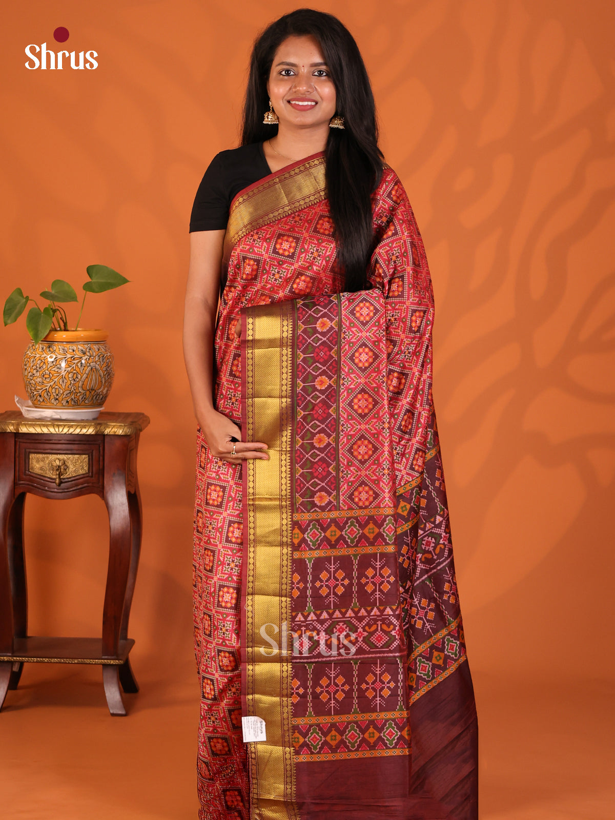 Red with Brown - Semi Patola Saree - Shop on Shrus.com