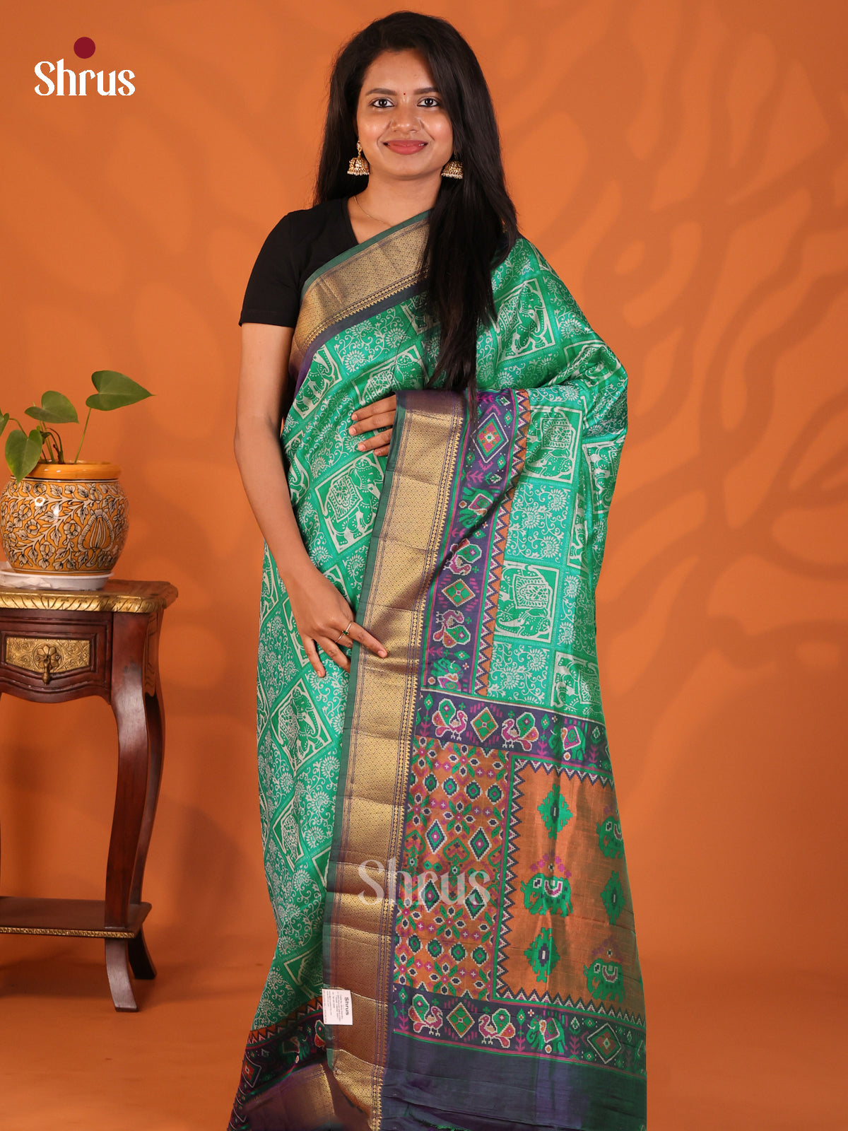 Green with Purple- Semi Patola Saree - Shop on Shrus.com