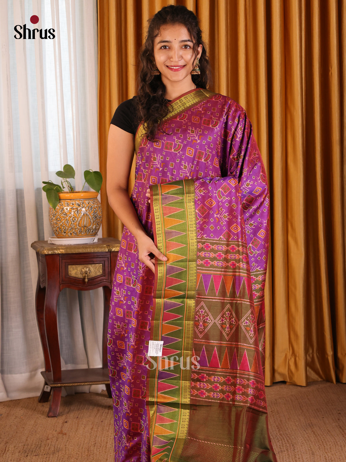 Purple with Green- Semi Patola Saree - Shop on Shrus.com