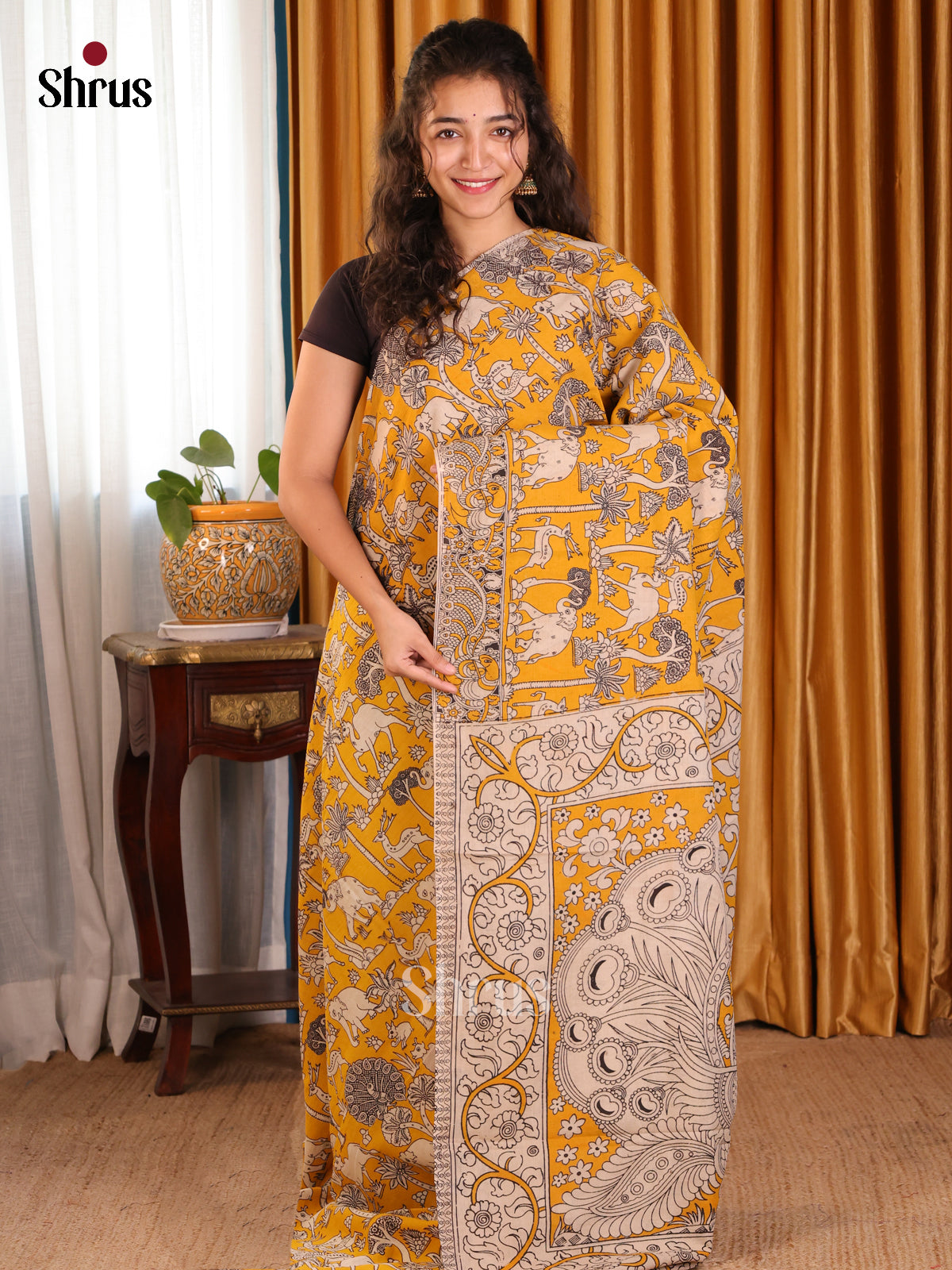 Yellow & Cream - kalamkari-cotton Saree - Shop on Shrus.com