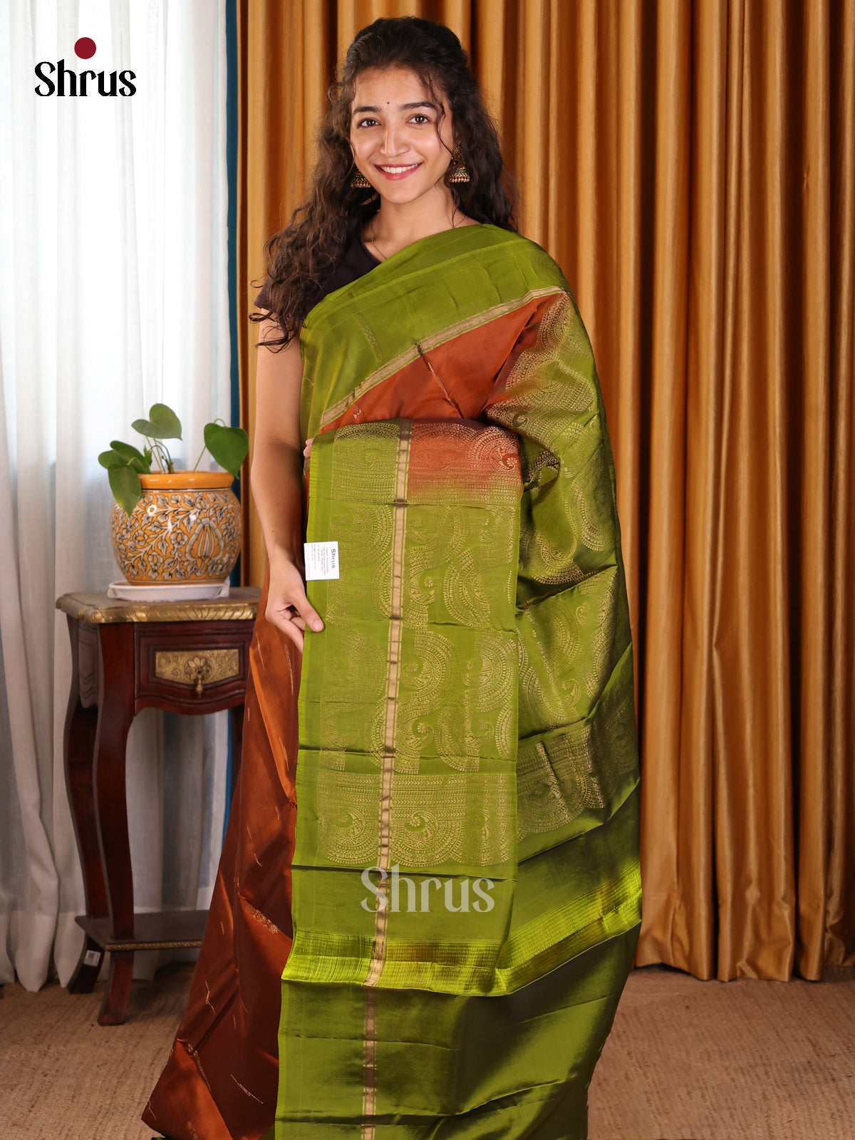 Radiant Rust Softsilk-halfpure Saree with zari buttas , Green brocade pallu - Shop on Shrus.com