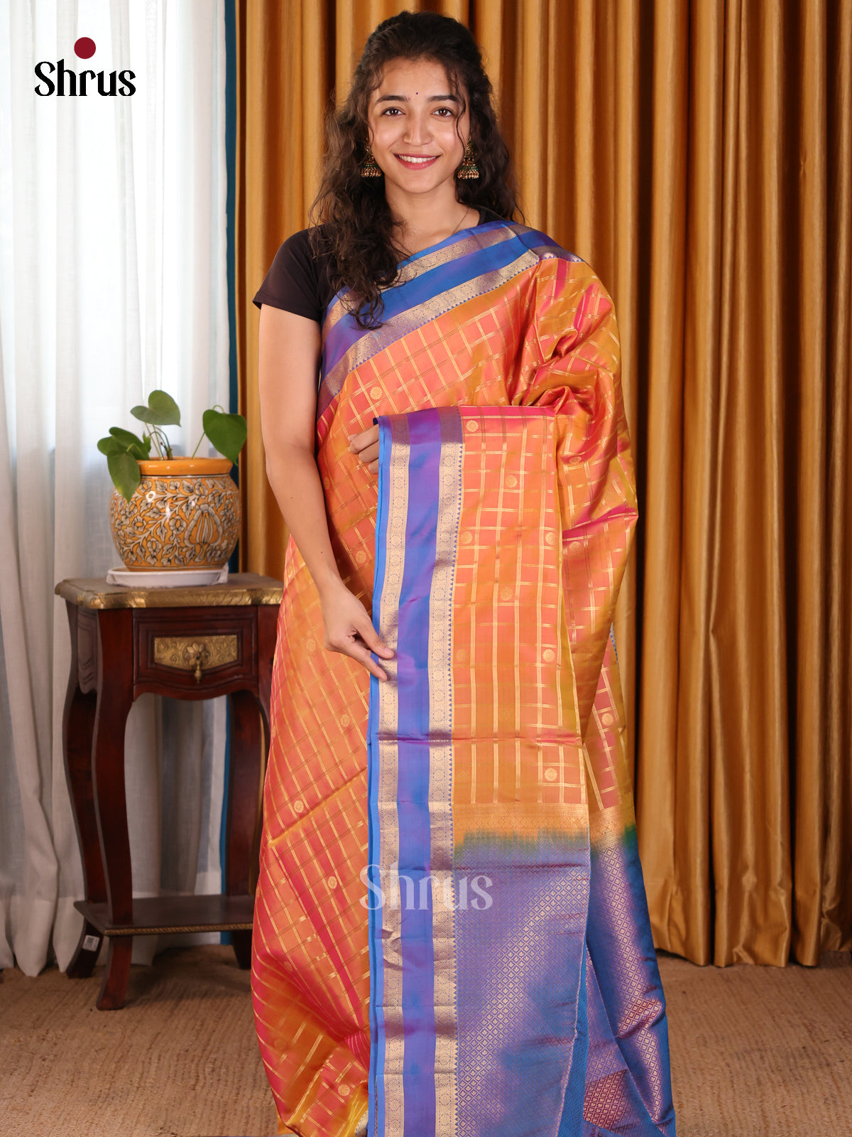Radiant Orange with Purple Softsilk Saree with zari check, butta,rettaipet border - Shop on Shrus.com