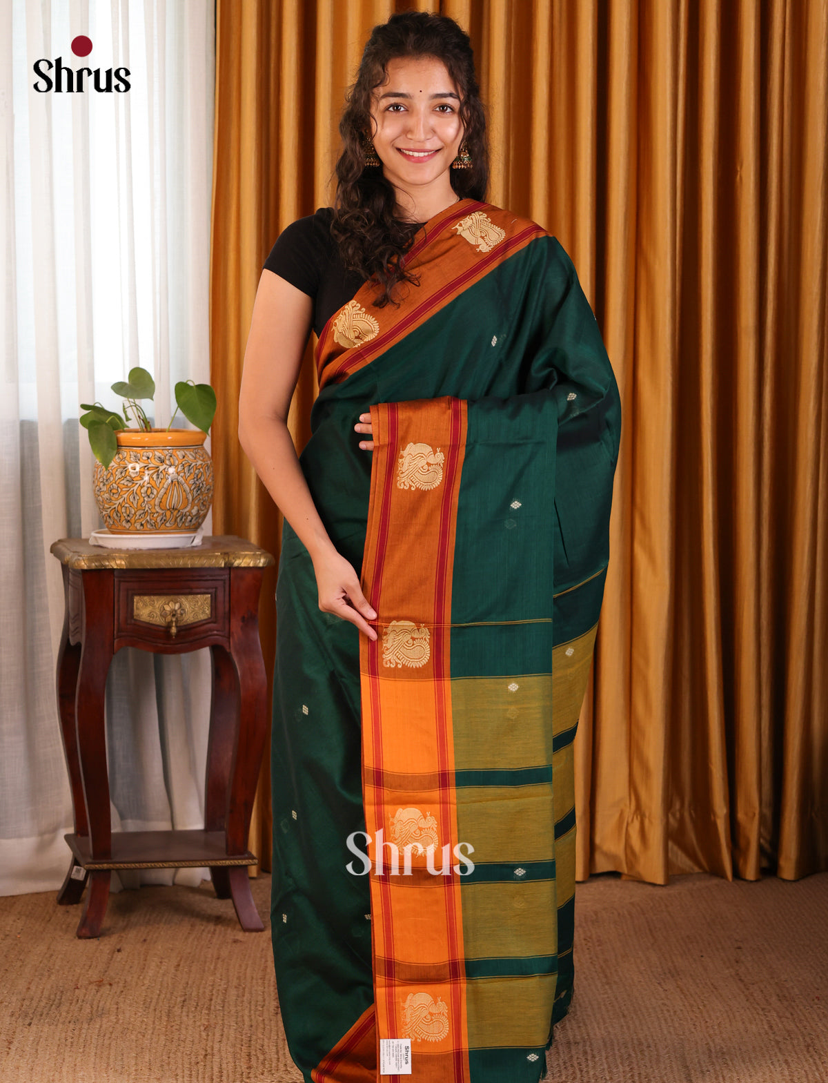 Green with Orange - Narayanpet Cotton Saree - Shop on Shrus.com