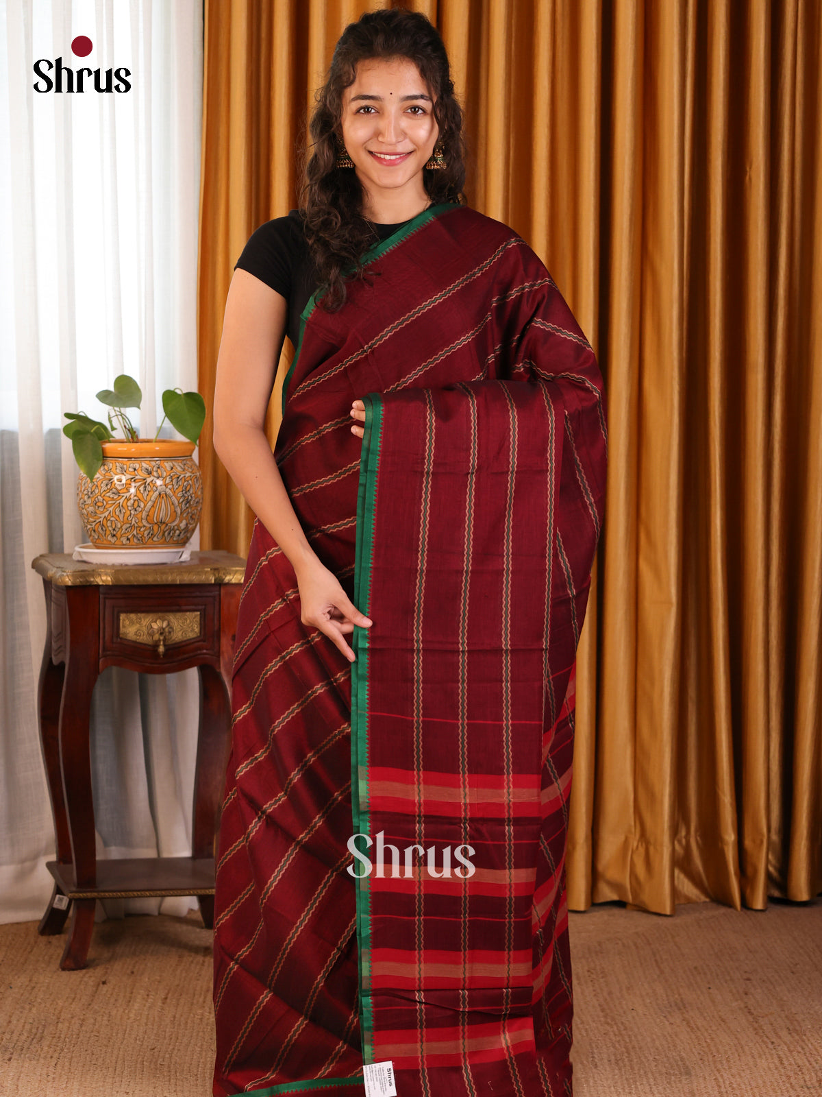 Maroon with Green - Narayanpet Cotton Saree - Shop on Shrus.com