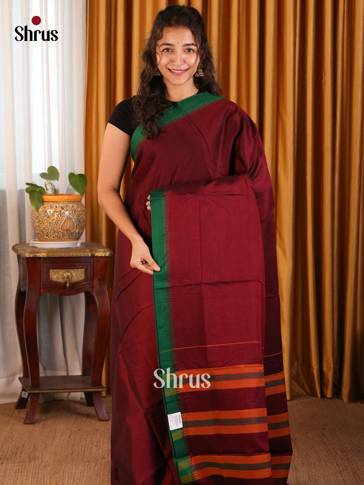 Maroon & Green  - Narayanpet Cotton Saree - Shop on Shrus.com