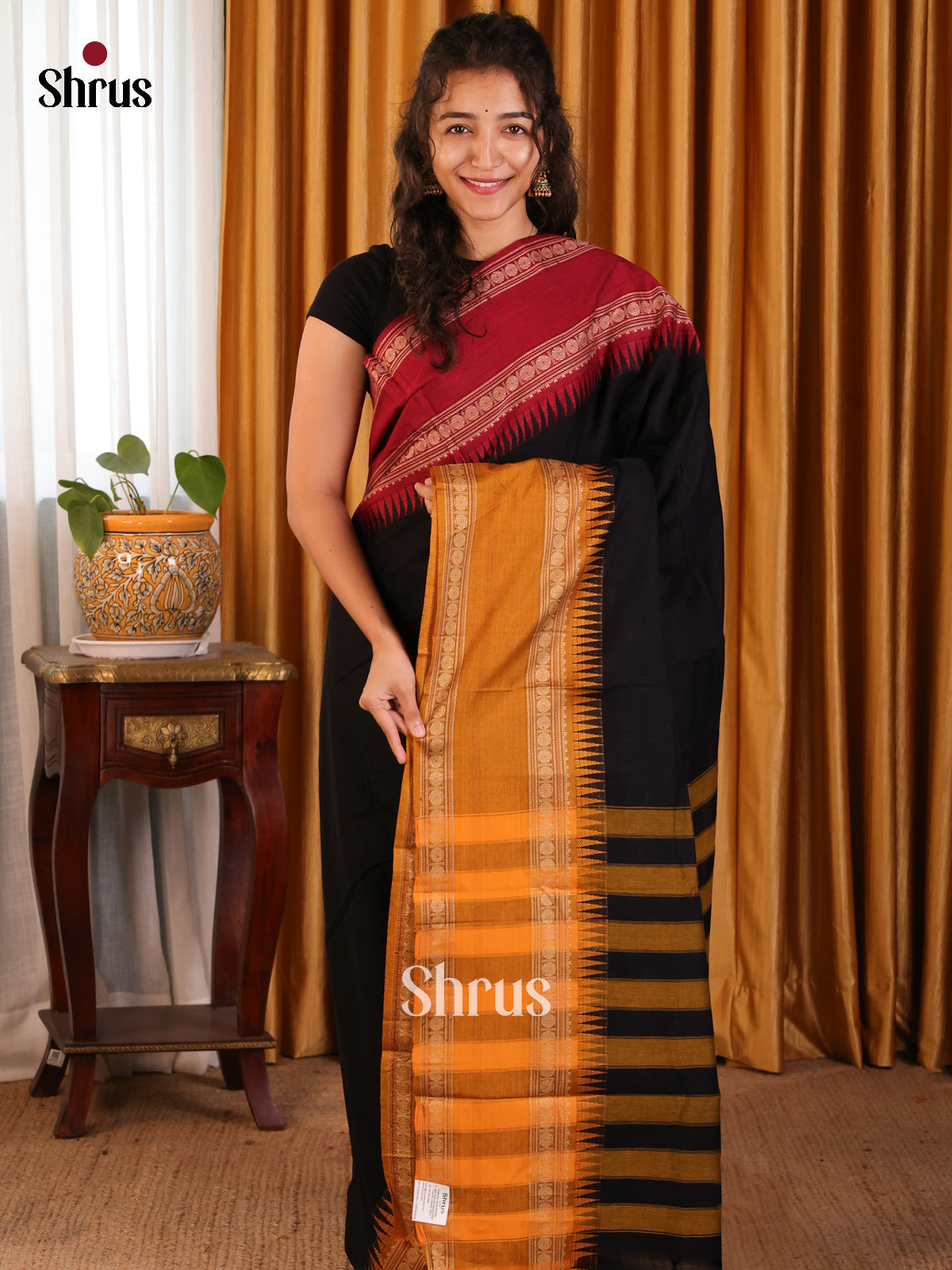 Black & Mustard - Narayanpet Cotton Saree - Shop on Shrus.com