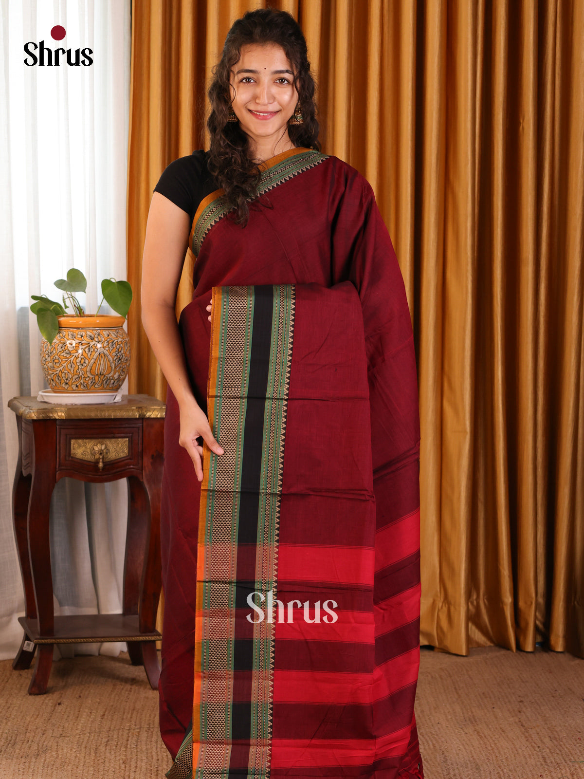 Maroon with  Mustard - Narayanpet Cotton Saree - Shop on Shrus.com