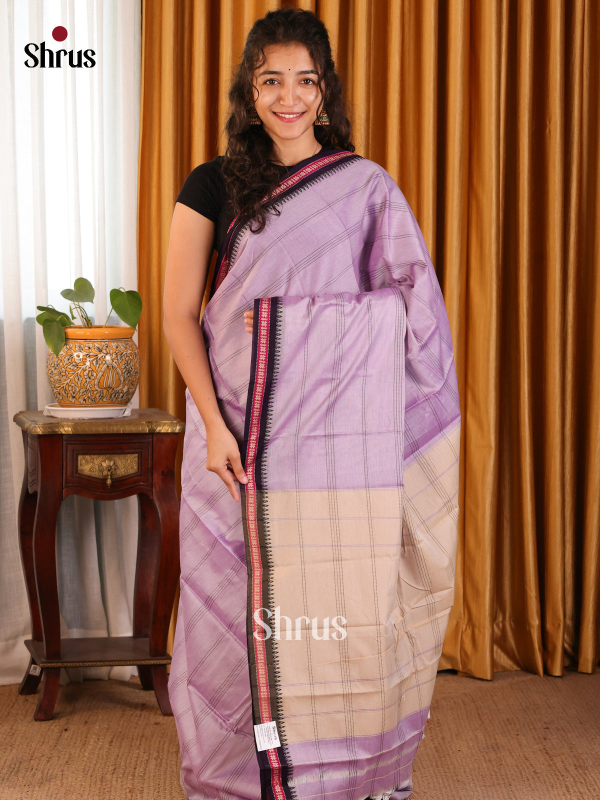 Mild Lavender &  Black- Narayanpet Cotton Saree - Shop on Shrus.com