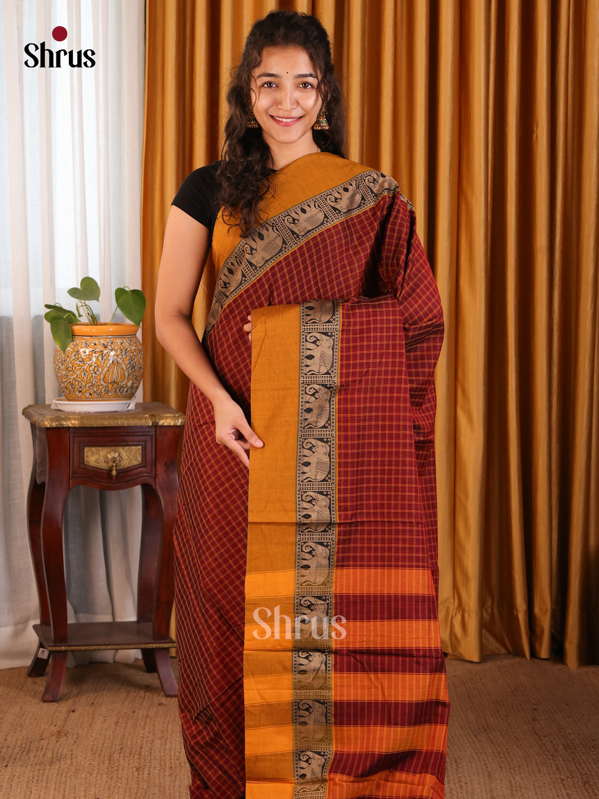 Maroon & Mustard - Narayanpet Cotton Saree - Shop on Shrus.com