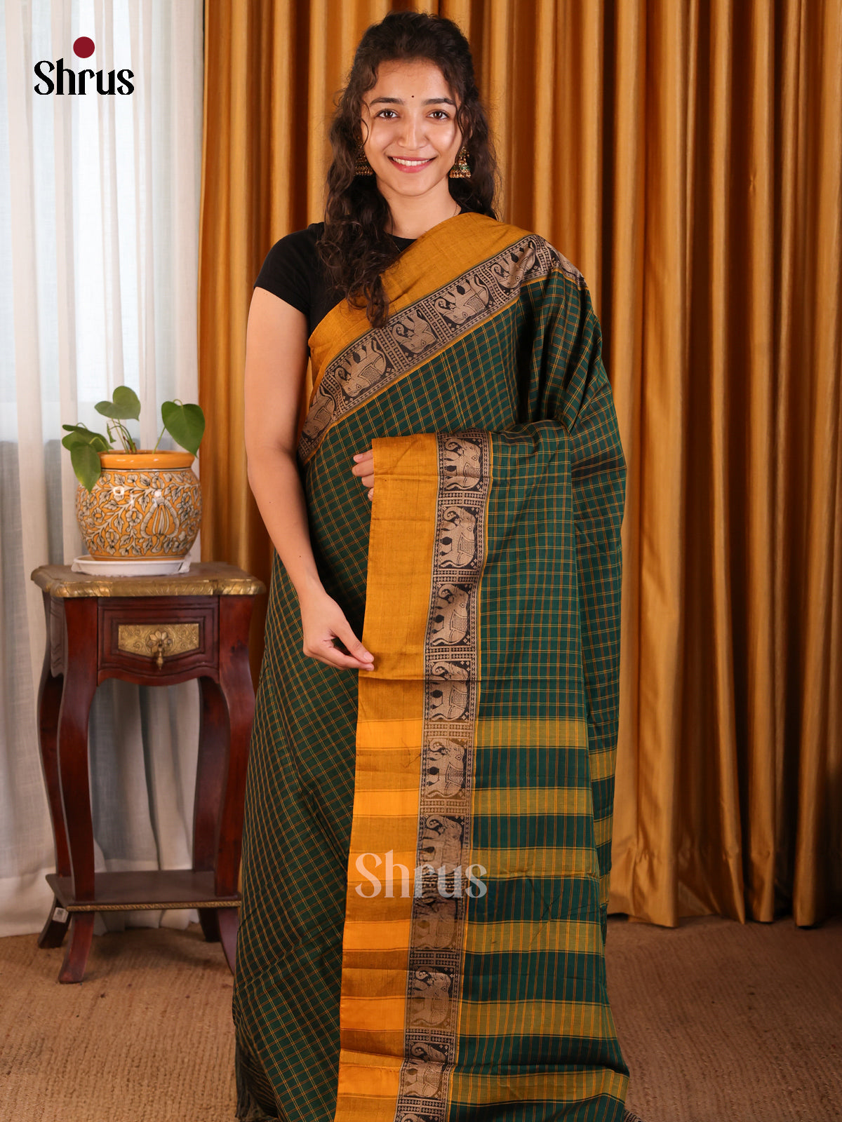 Green with Mustard - Narayanpet Cotton Saree - Shop on Shrus.com