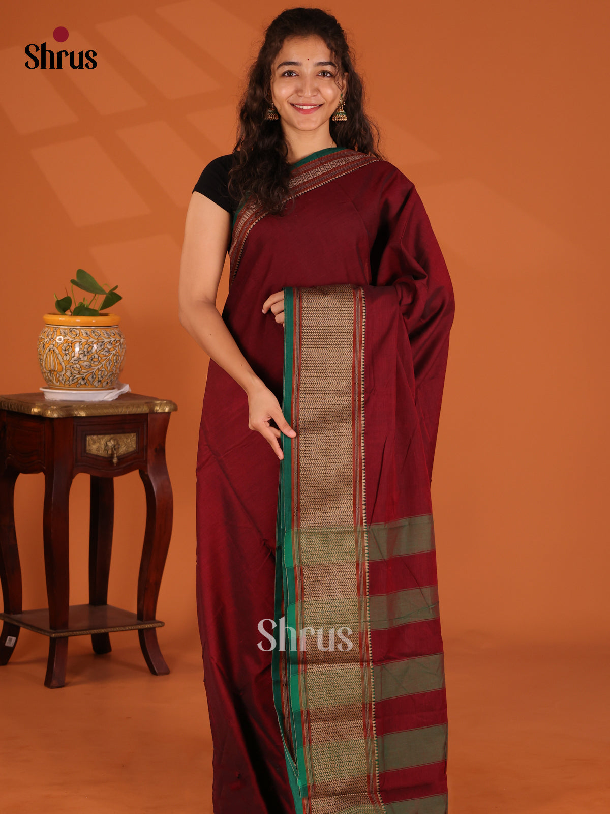 Maroon with Green - Narayanpet Cotton Saree - Shop on Shrus.com